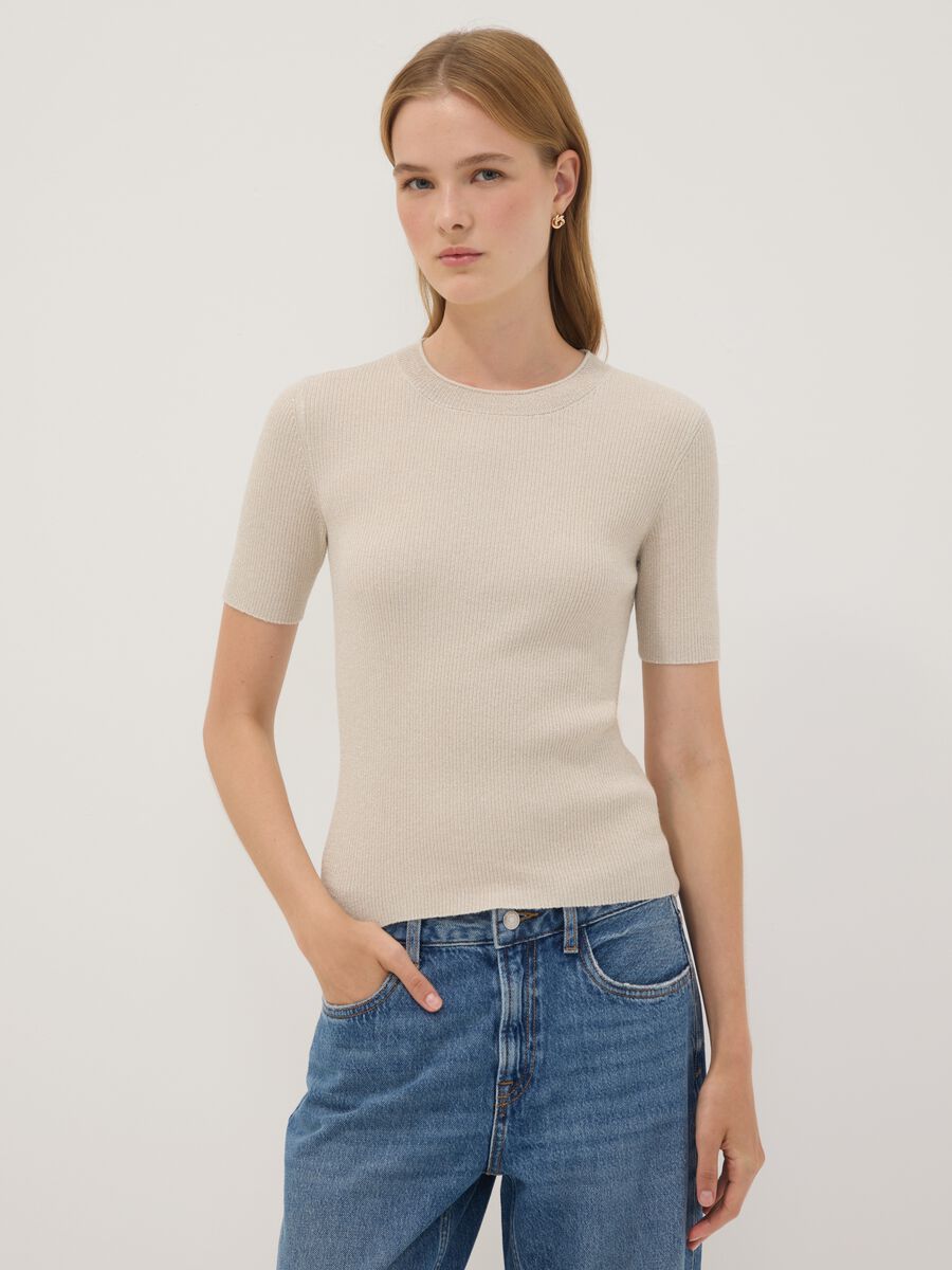 Beige fitted ribbed viscose-blend knit top_0