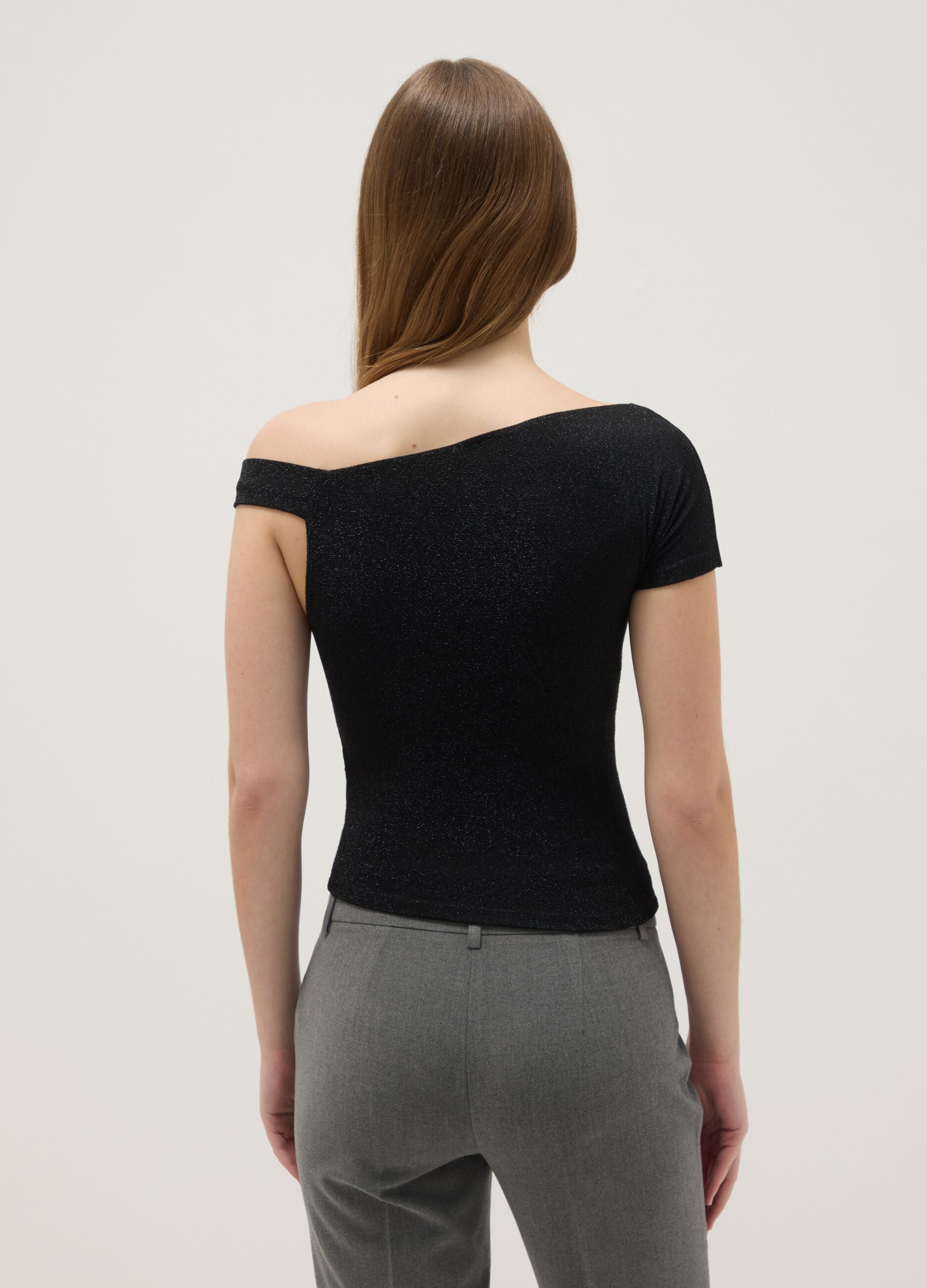 Black viscose blend slim fit T-shirt with Madonna neckline