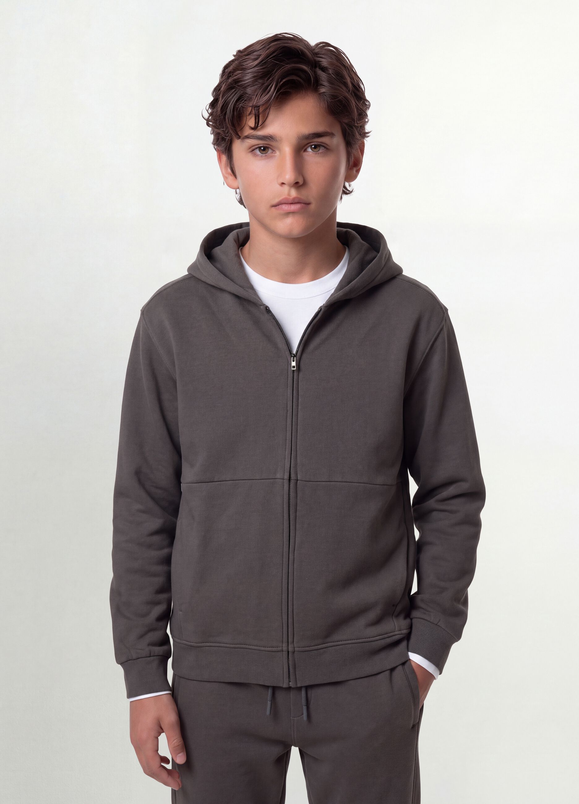 Grey organic cotton zip-up hoodie for boys, relaxed fit