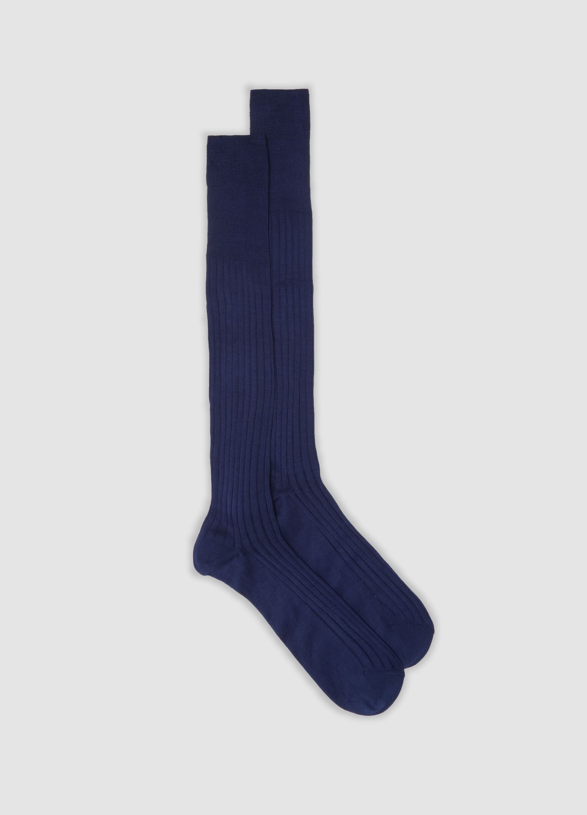Long blue ribbed socks in pure cotton
