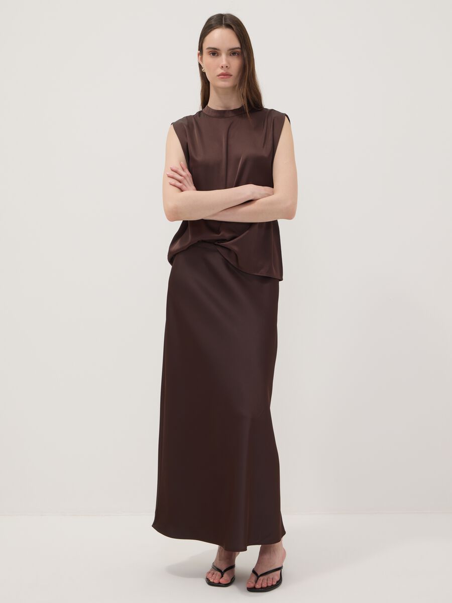 Brown satin maxi skirt with elasticated waistband_0