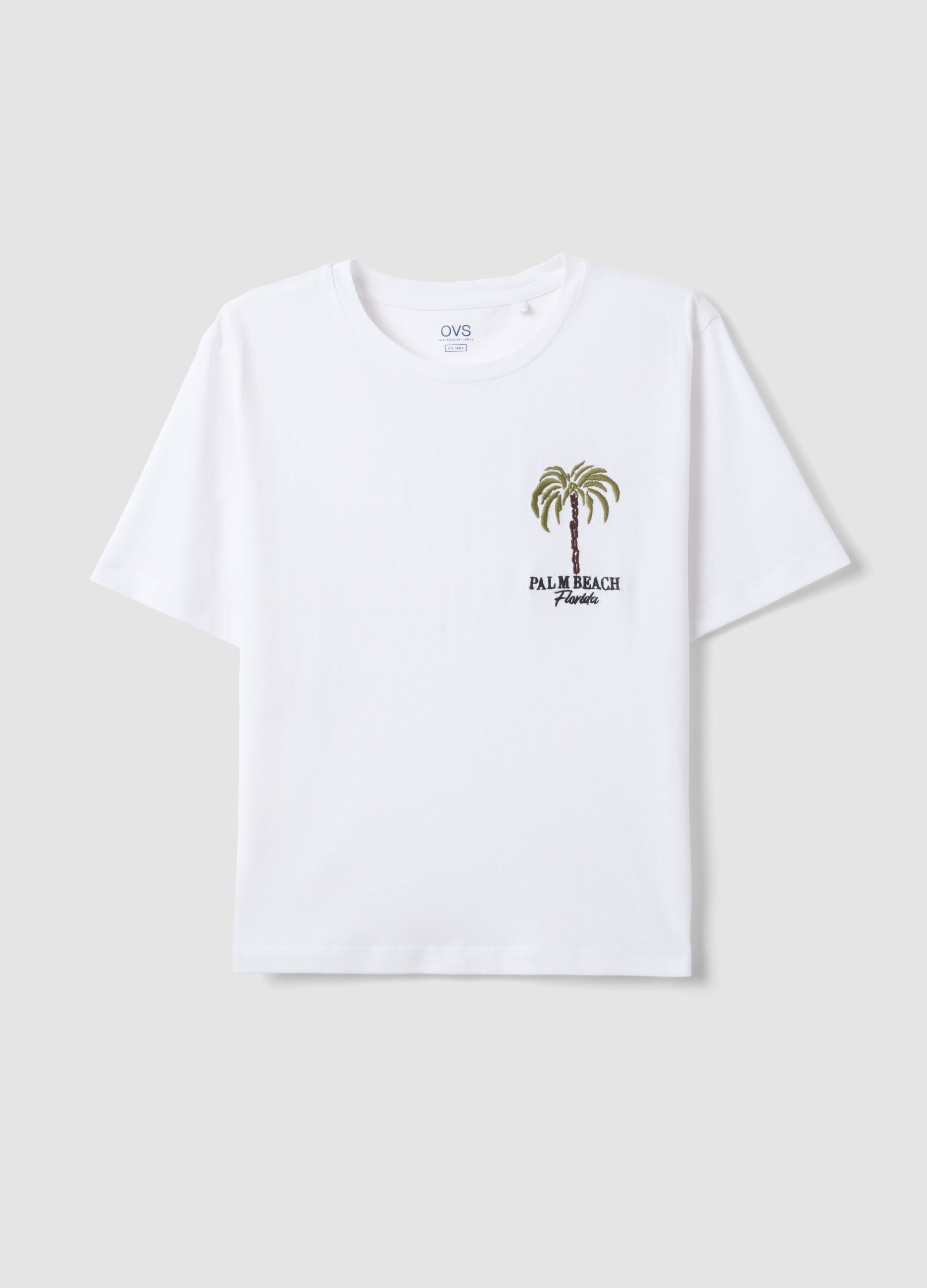 White pure cotton regular fit t-shirt with palm embroidery