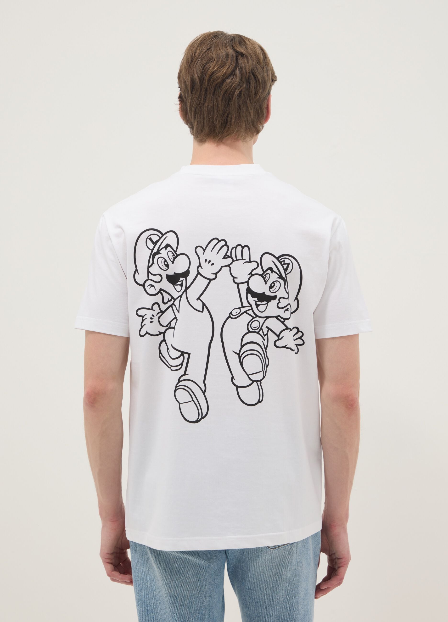 White regular fit pure cotton T-shirt with Super Mario print