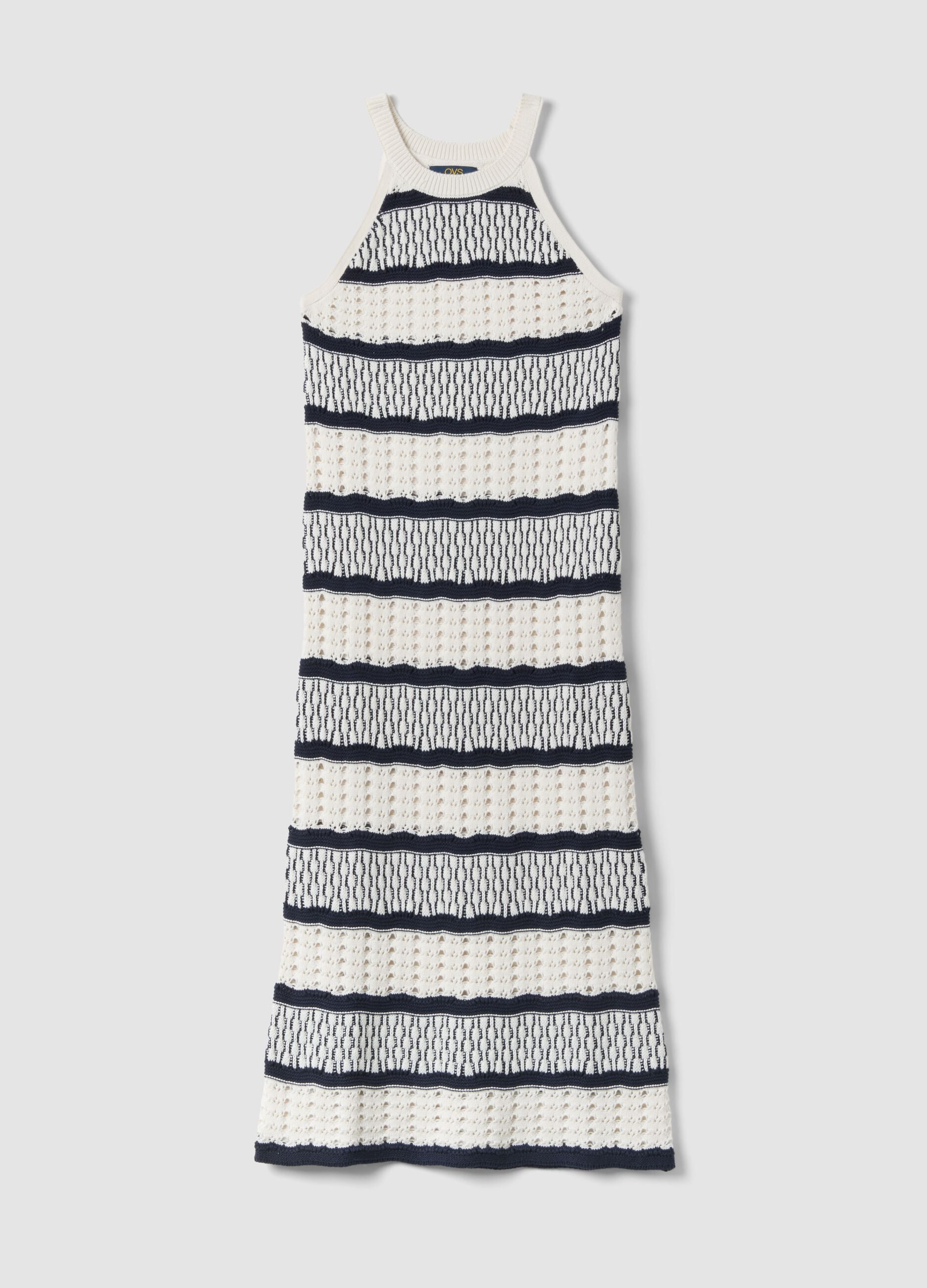 Fitted maxi dress in pure cotton with openwork knit and multicolour stripes