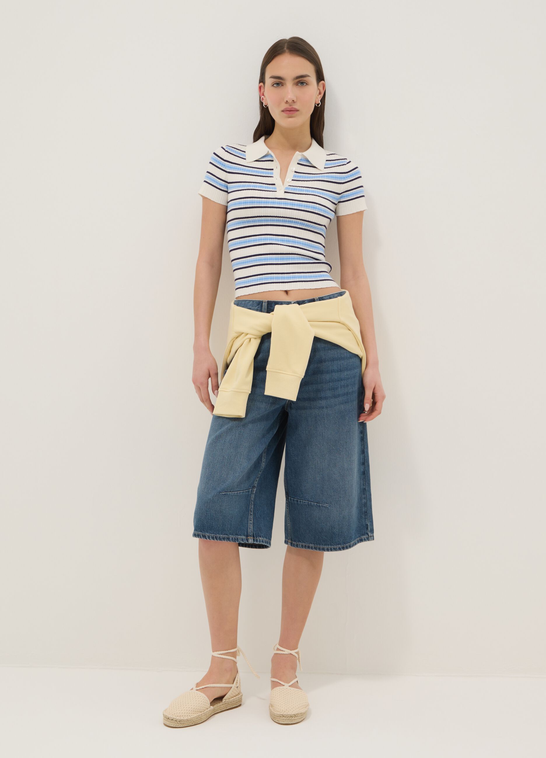 Fitted viscose-blend jumper with multicolour stripes and polo collar