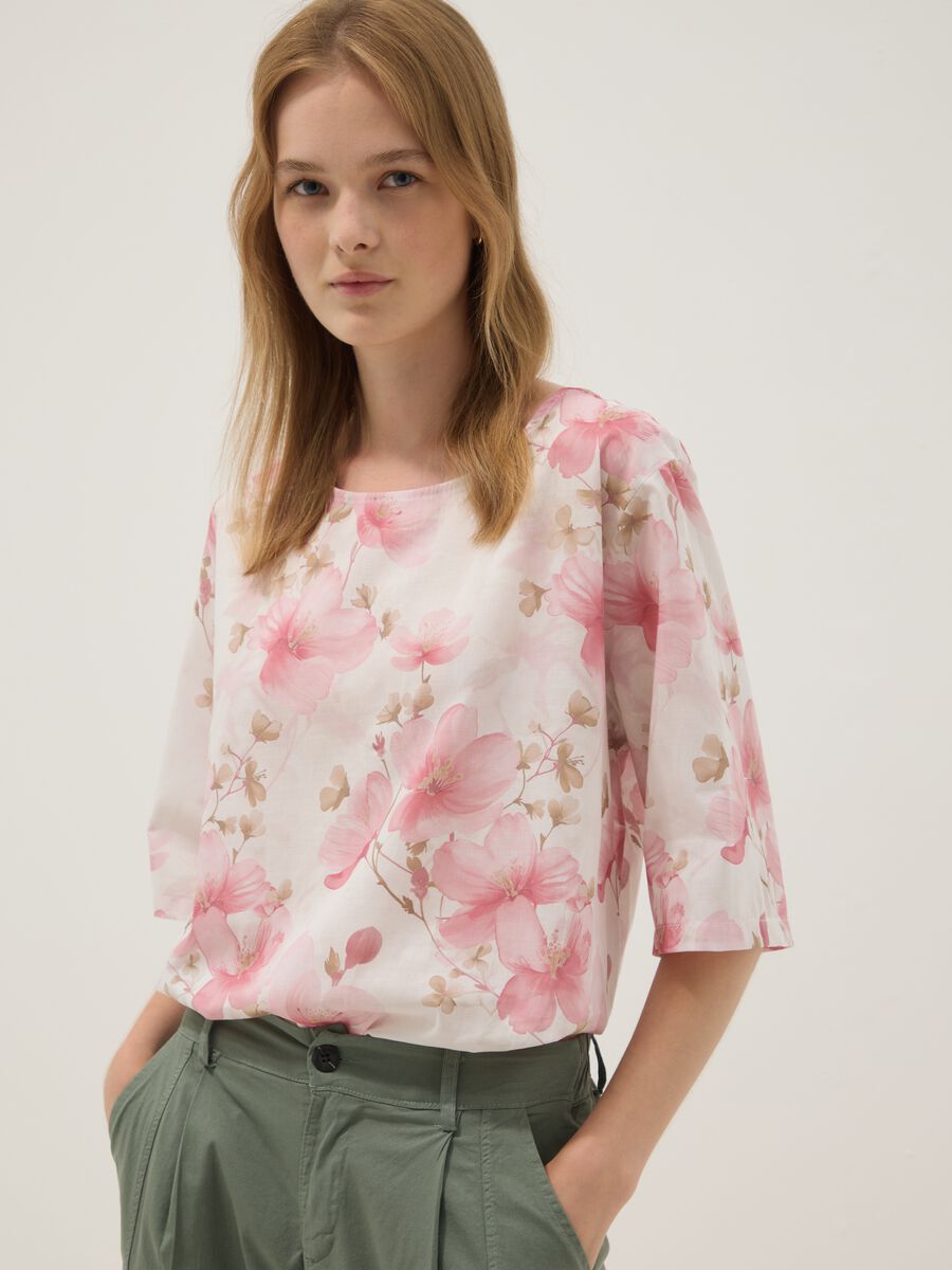 Pink pure cotton top with floral print_1