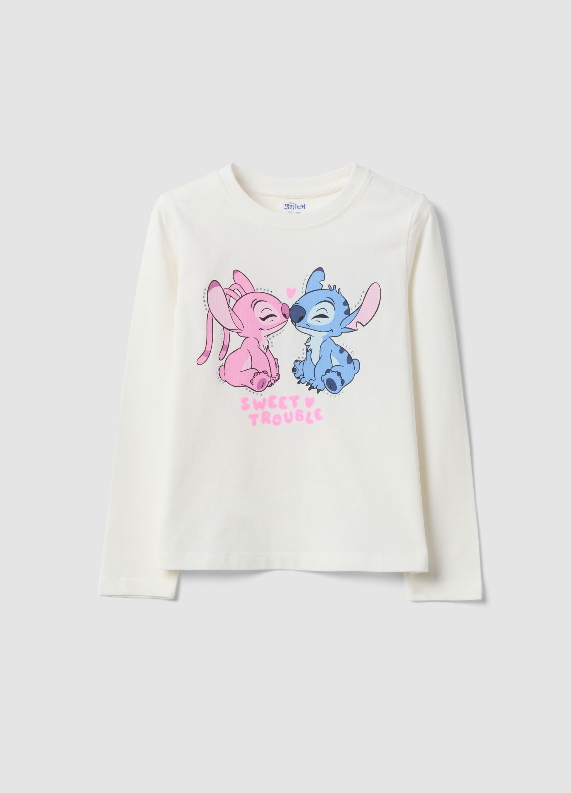 White stretch cotton T-shirt with Lilo & Stitch print for girls