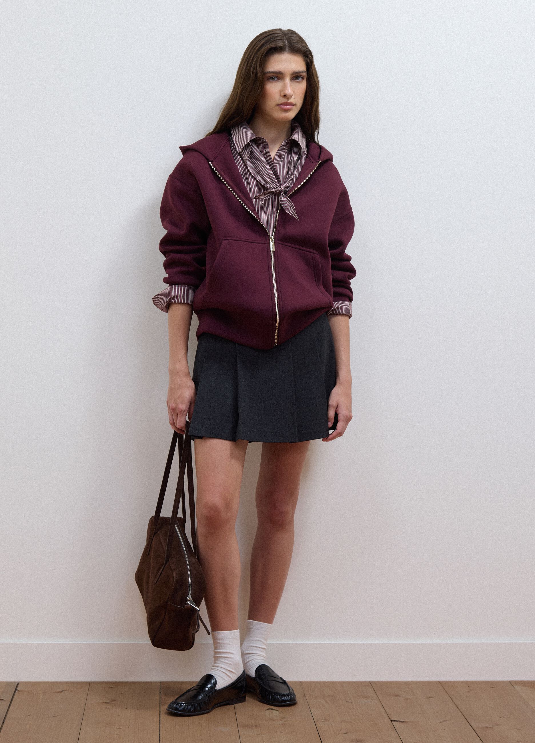Burgundy stretch viscose full-zip sweatshirt, oversized fit