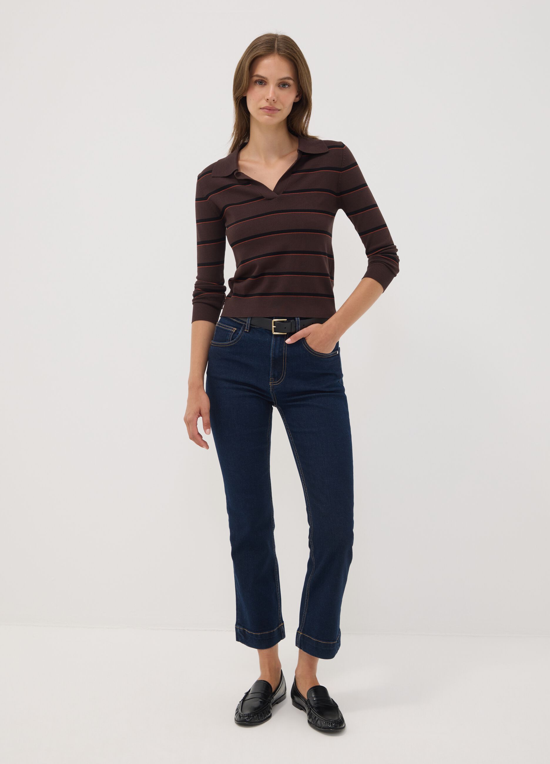 Brown viscose-blend polo-collar jumper, regular fit