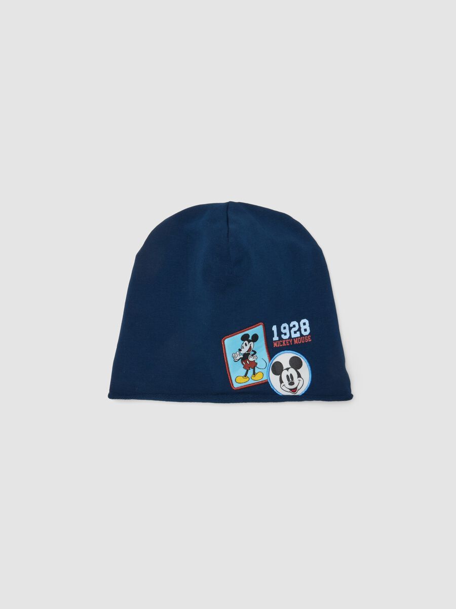 Blue stretchy organic cotton hat with Mickey prints for baby boy_0