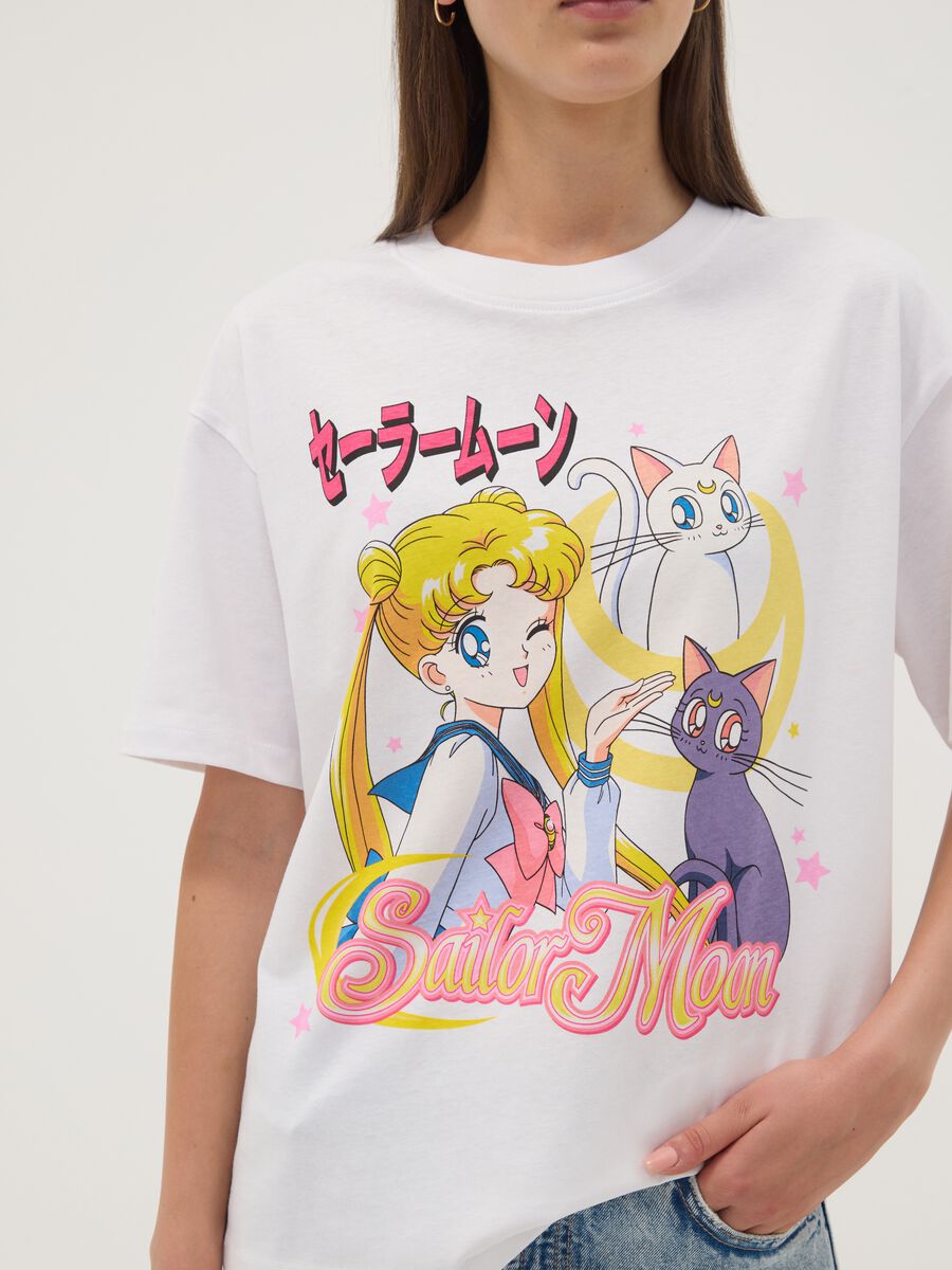 White pure cotton Sailor Moon print T-shirt, regular fit_2