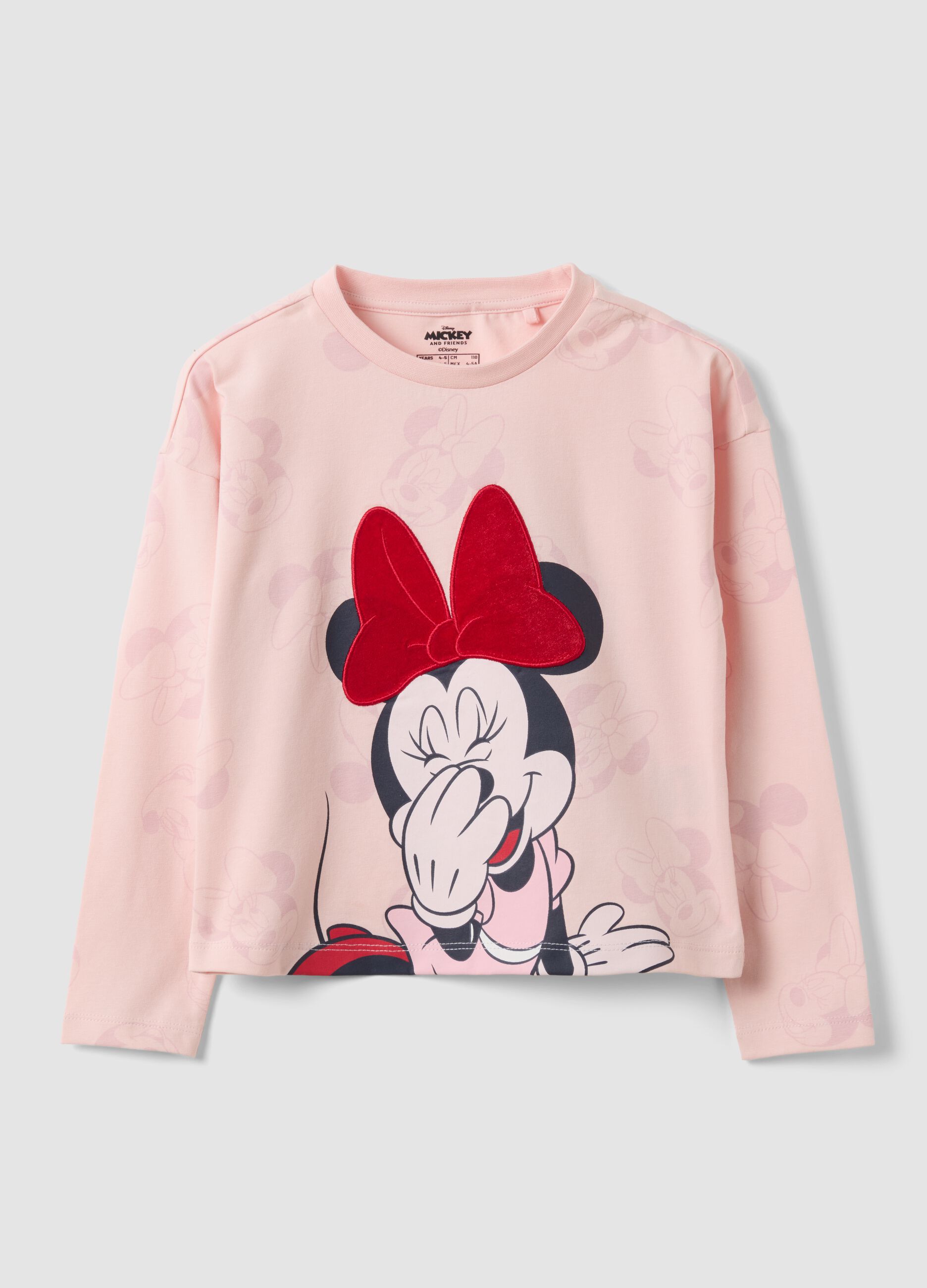 Pink stretch cotton crew-neck T-shirt with Minnie print