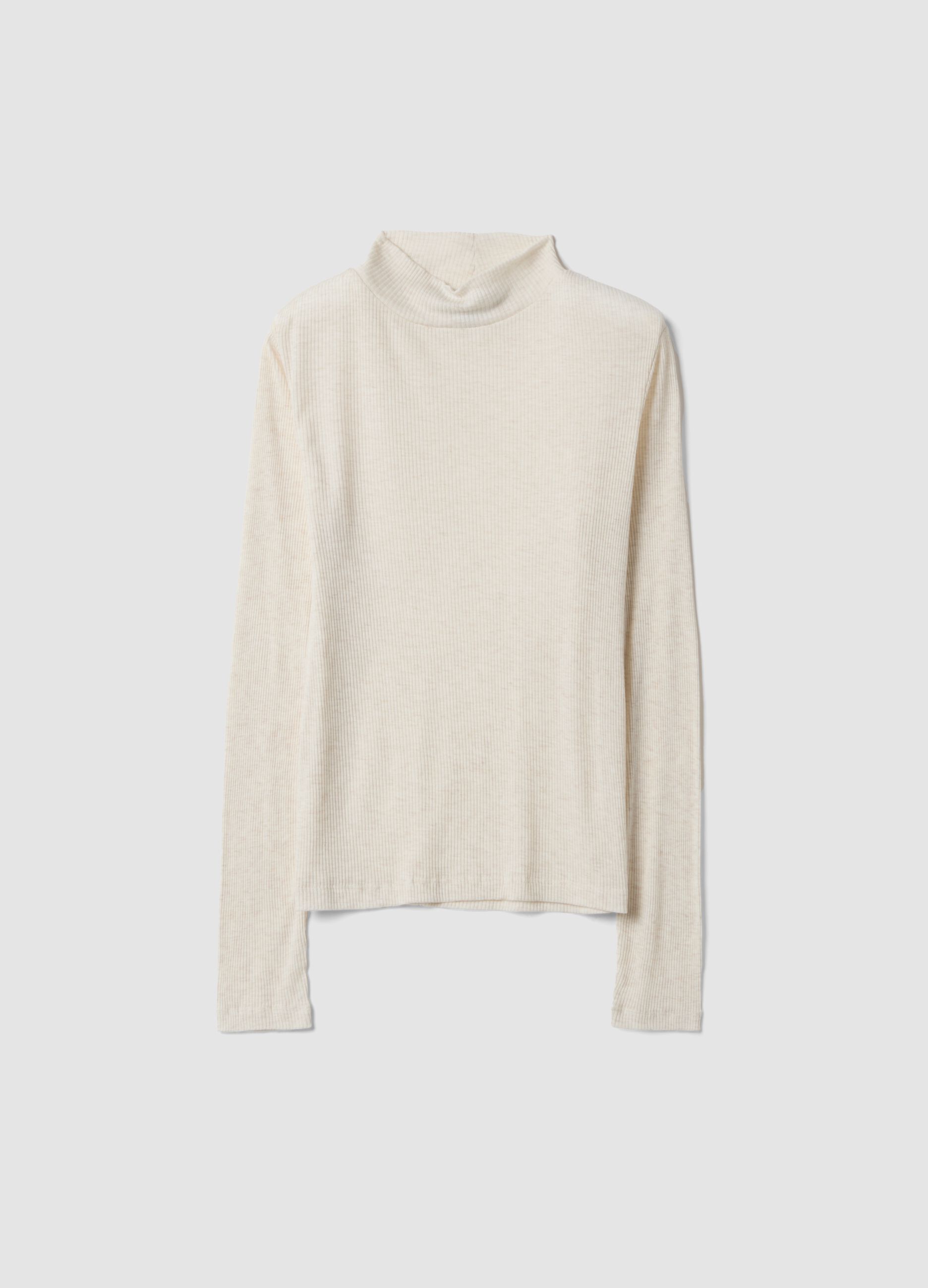 White ribbed Tencel&trade; Lyocell and wool blend T-shirt, regular fit