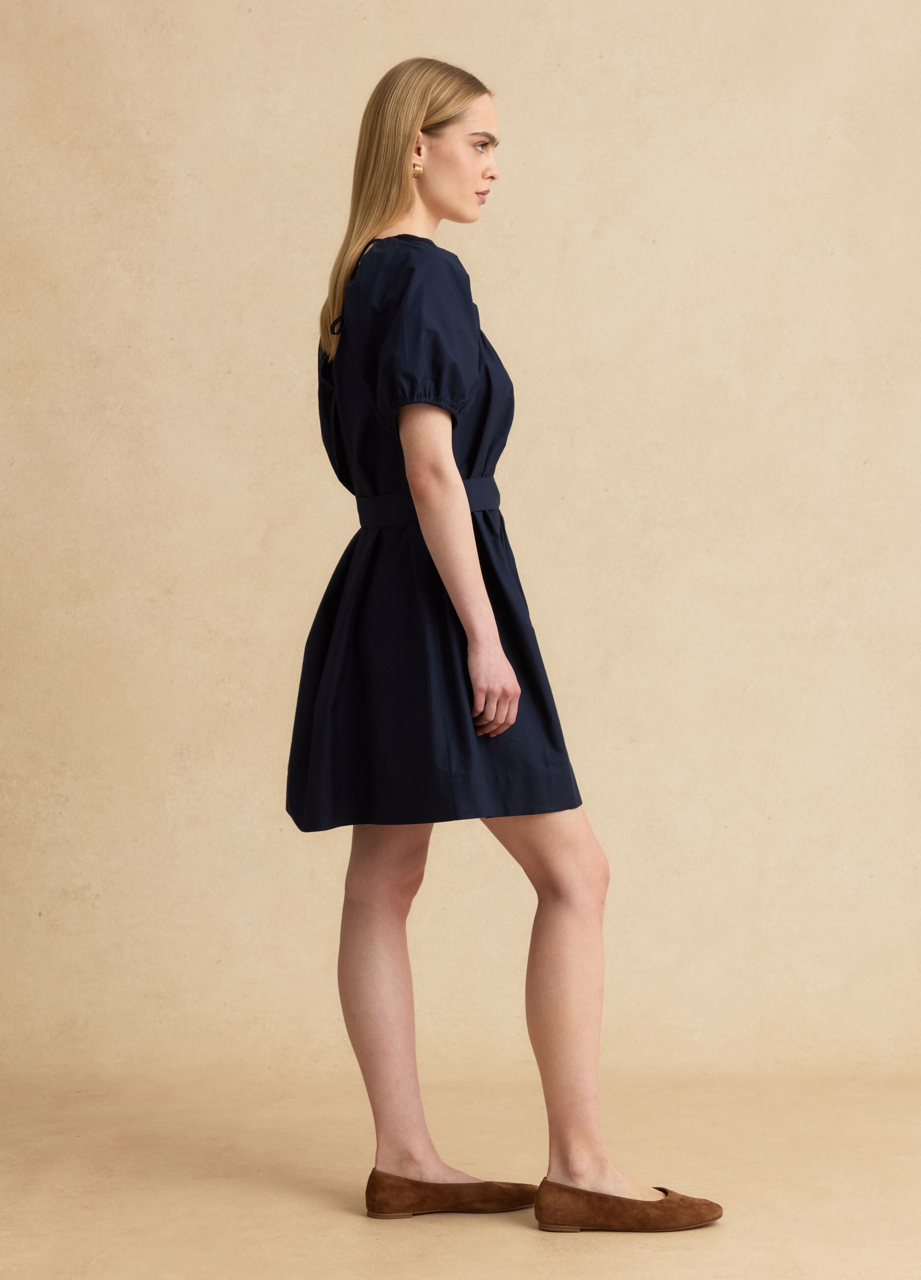 Blue pure cotton mini dress with belt