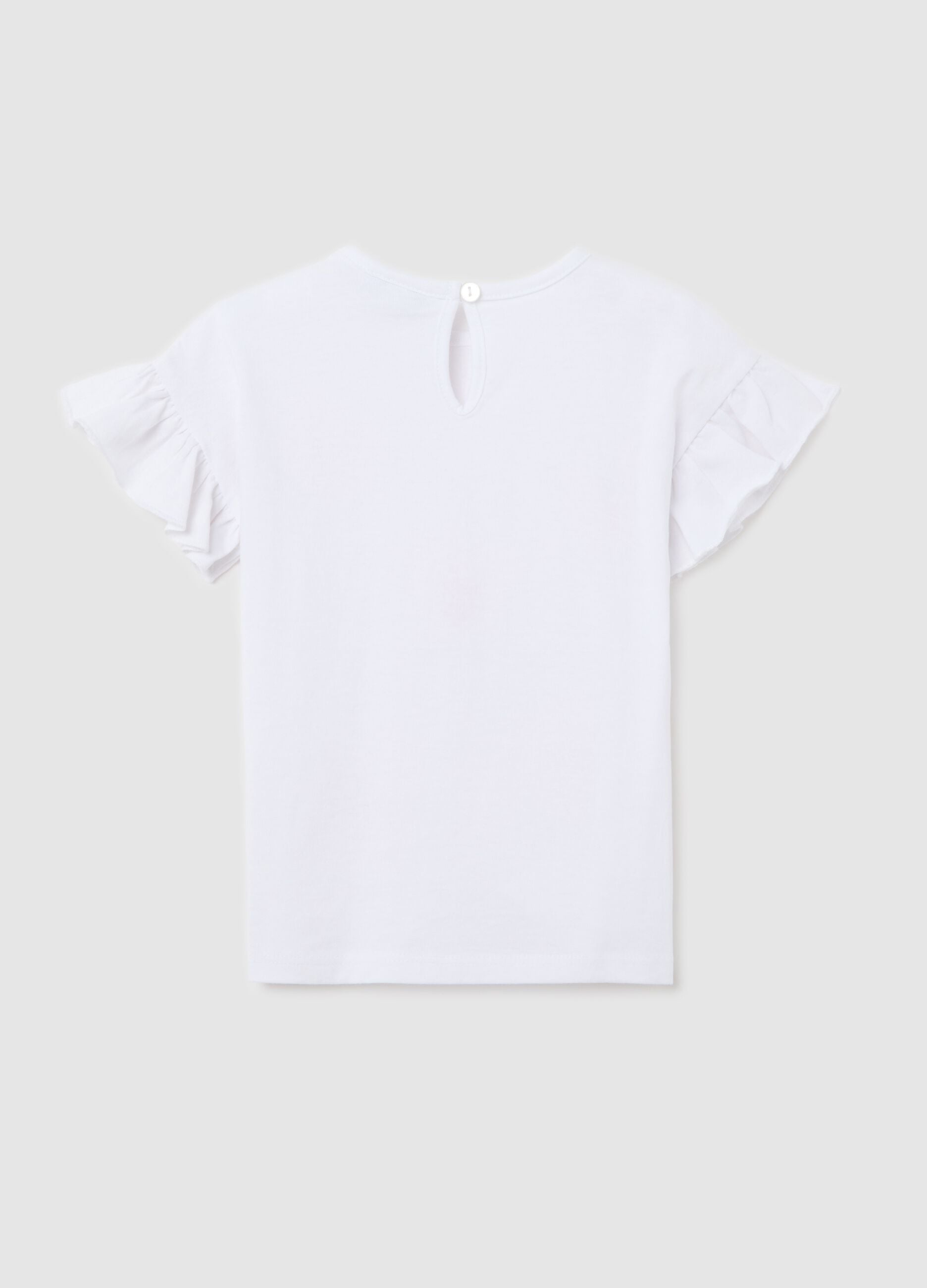 White T-shirt in cotton with print and flounce