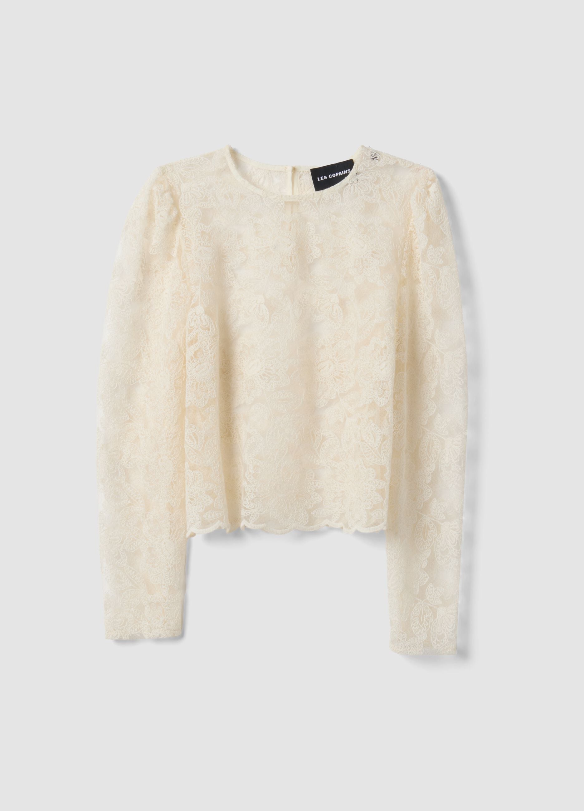 White cotton-blend blouse with floral lace, slim fit