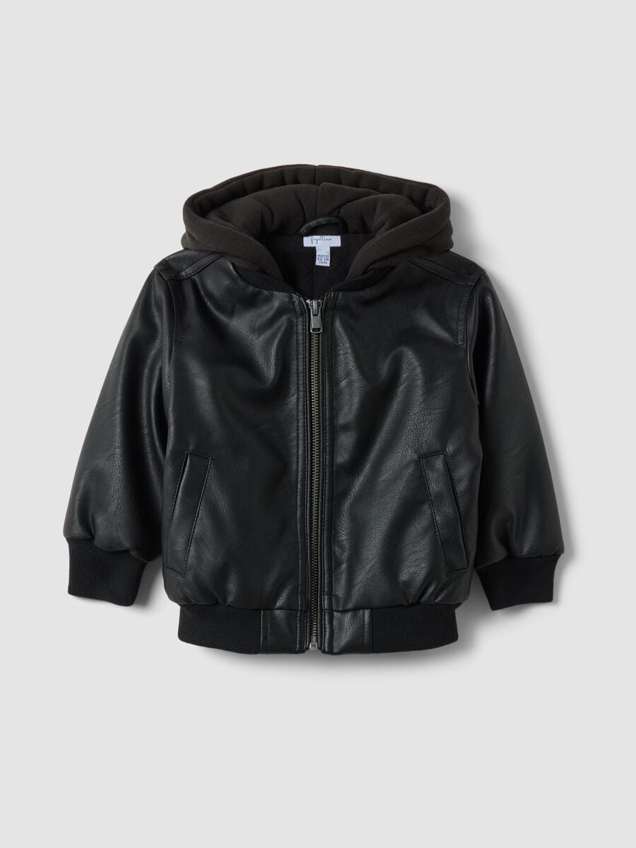 Bomber nero imbottito con cappuccio e zip per bimbo_0