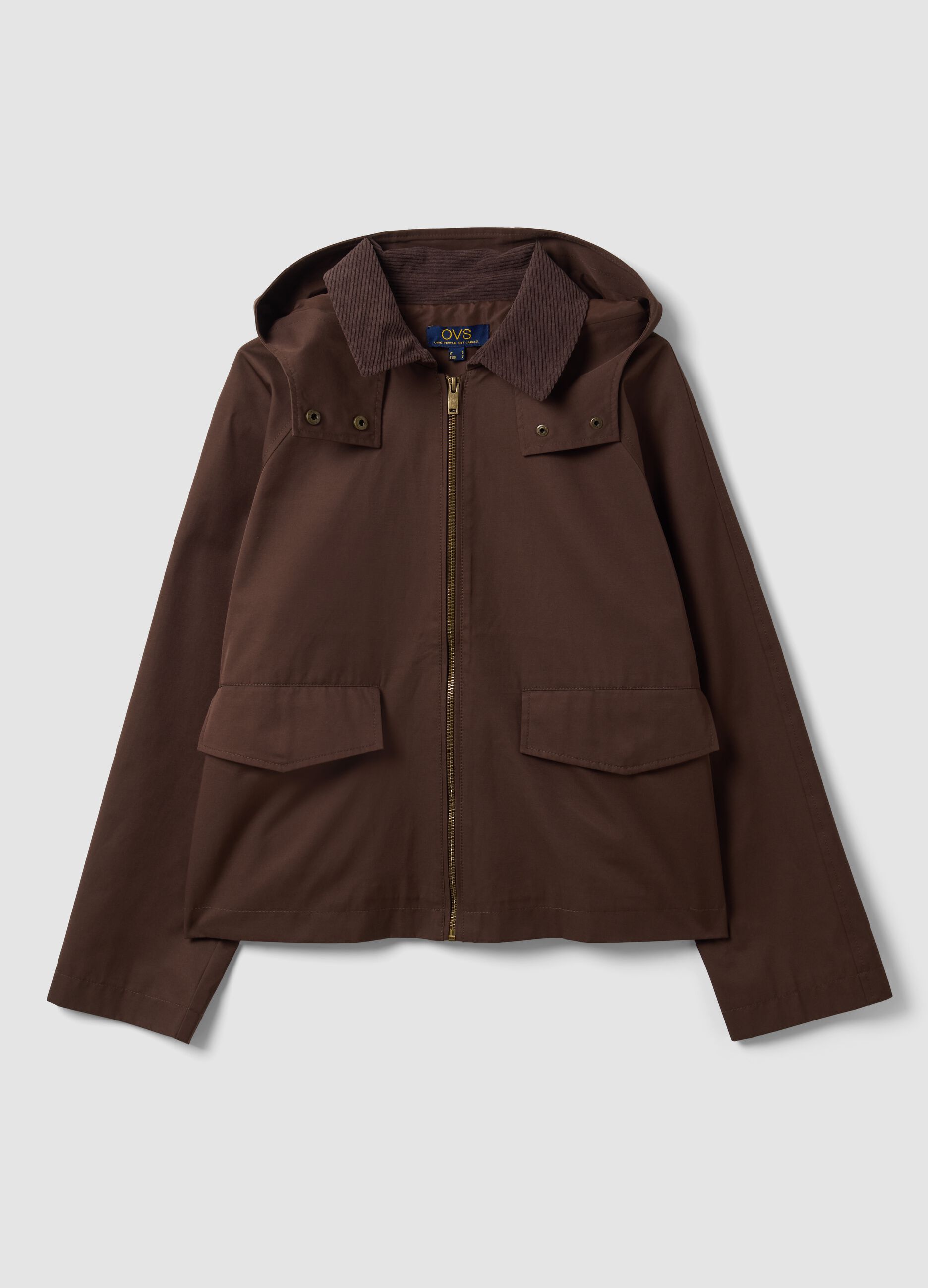 Brown cotton-blend parka jacket with hood and ribbed collar