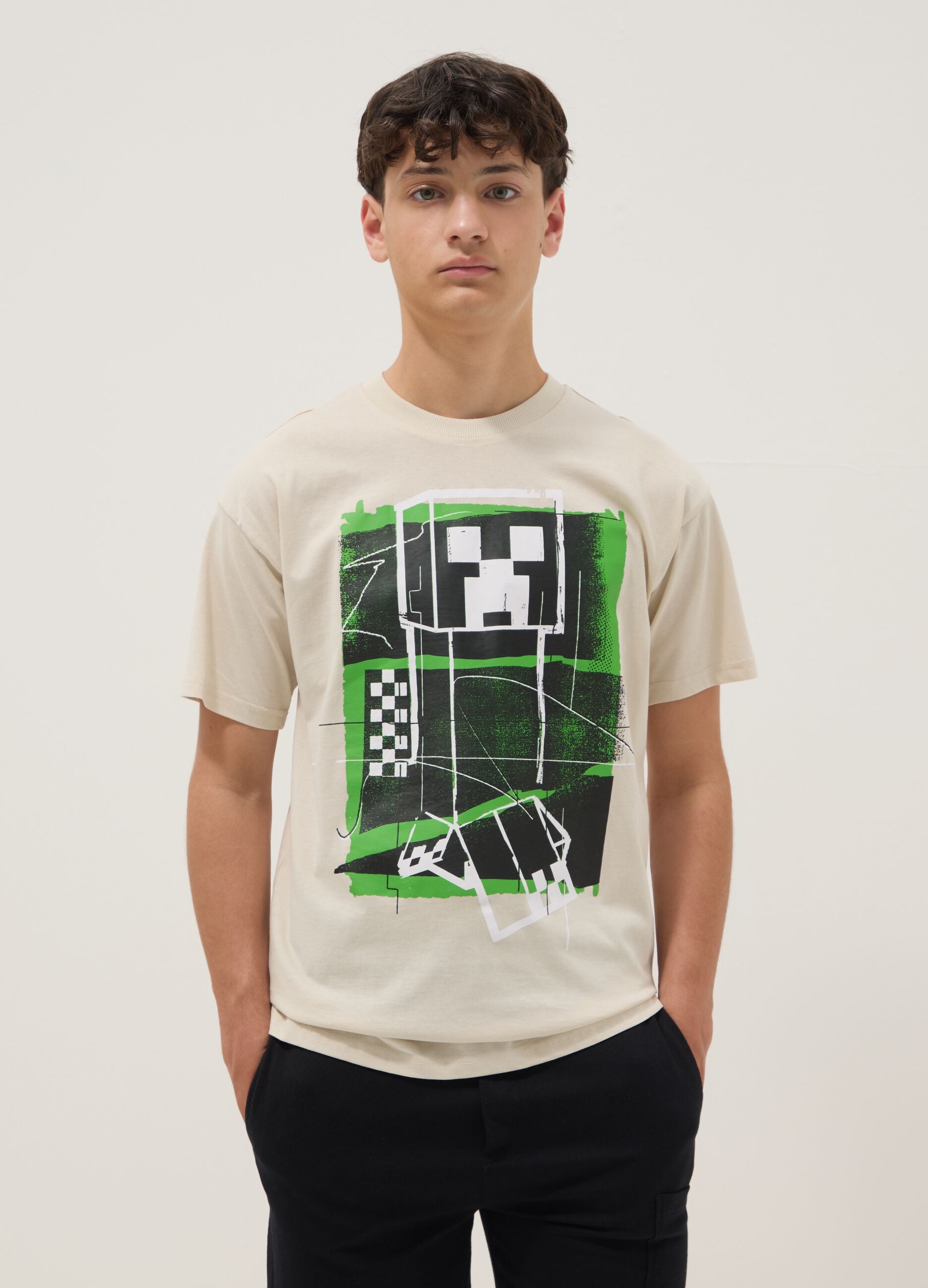 Boys' Beige Pure Cotton T-shirt with Relaxed Fit and Print
