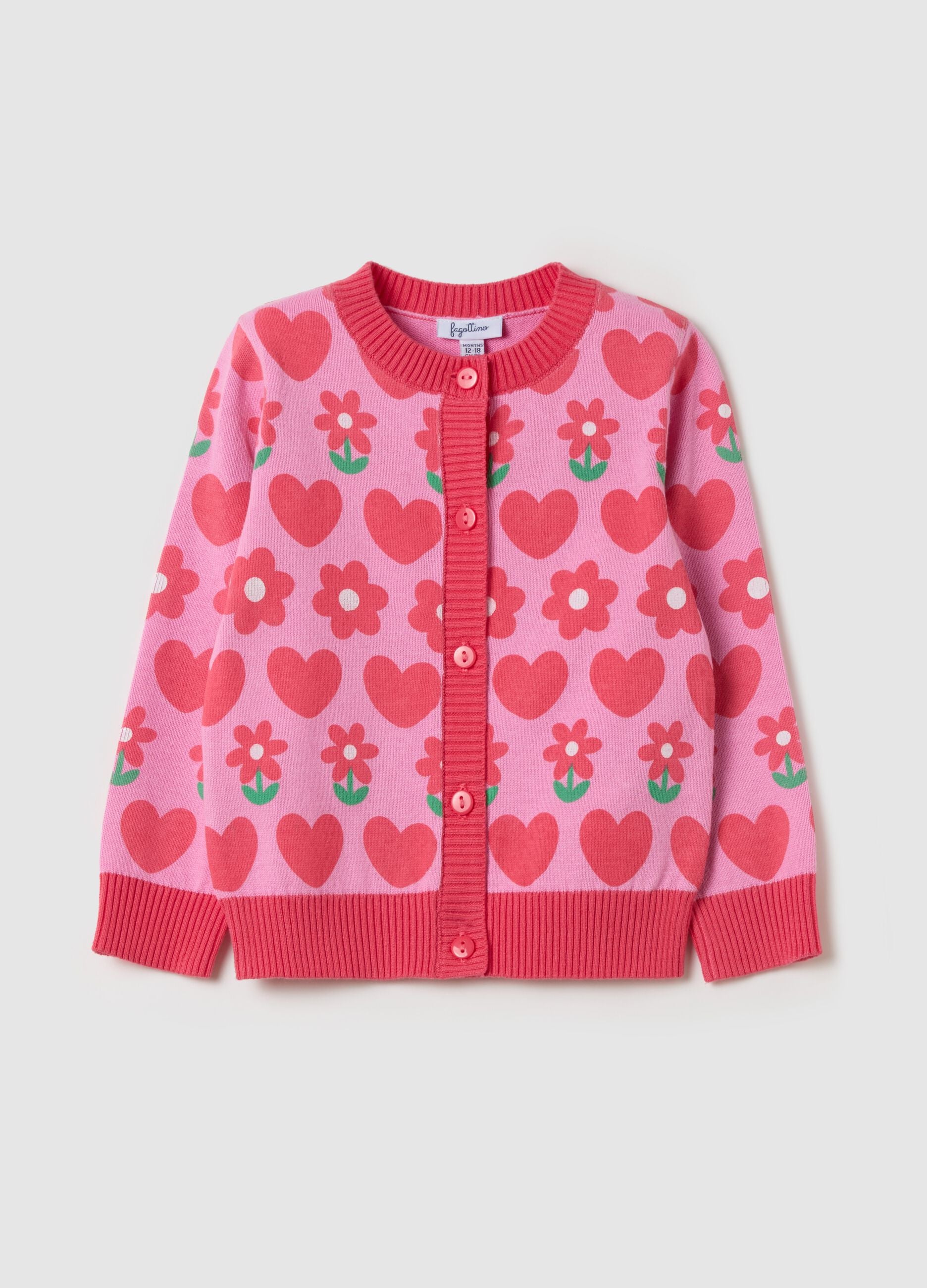 Cardigan with all-over hearts and flowers design