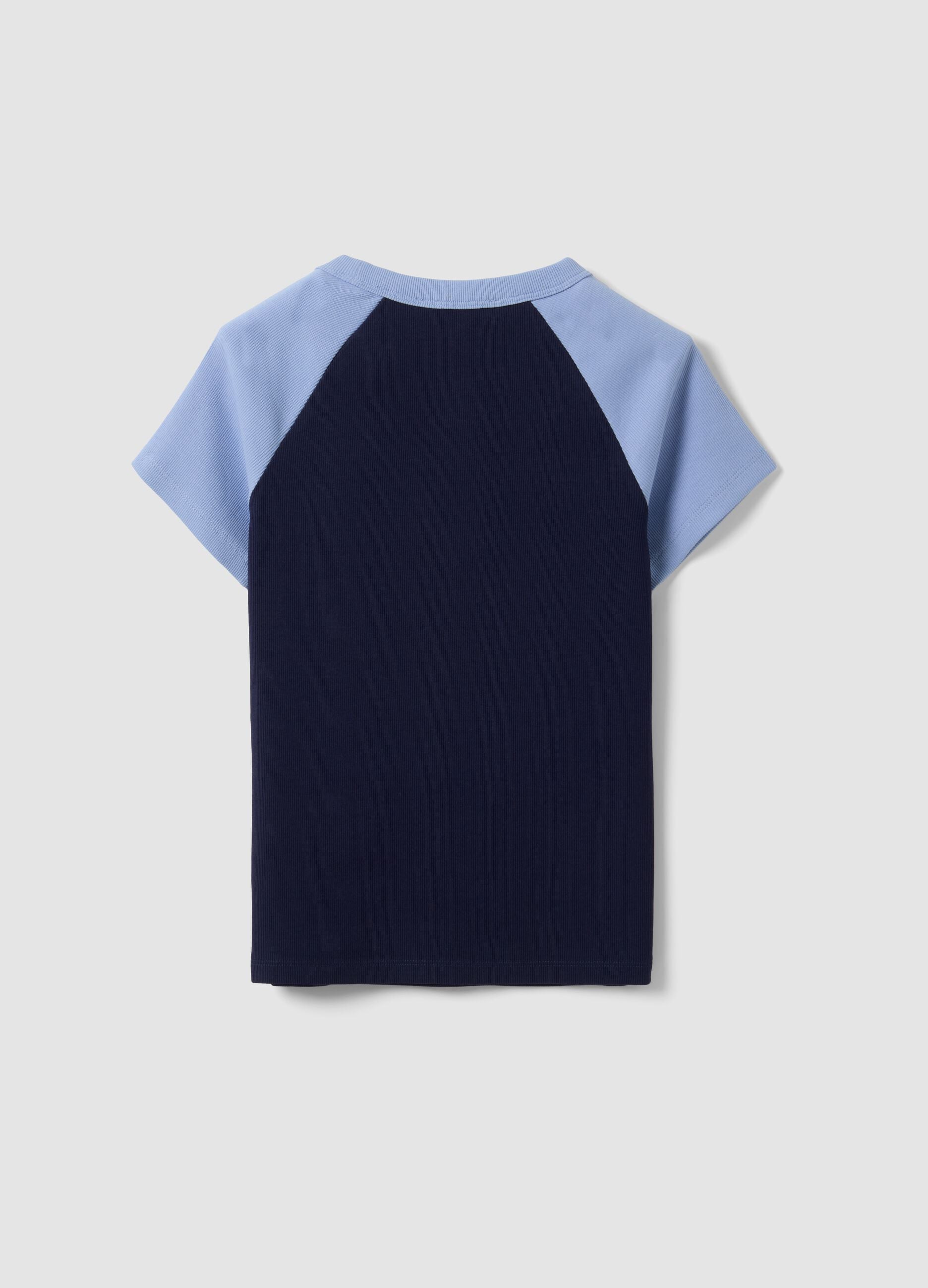 Blue stretch cotton crew-neck T-shirt with contrast sleeves