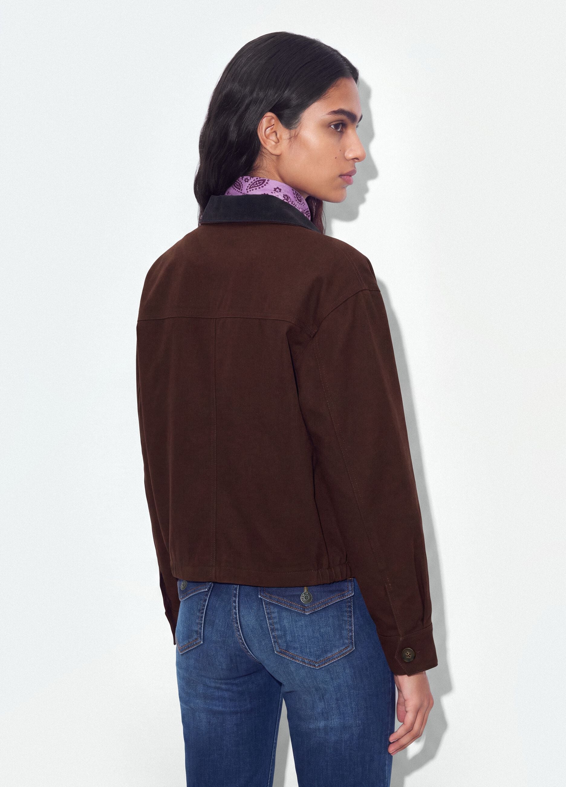 Brown pure cotton bomber jacket with contrast collar, regular fit