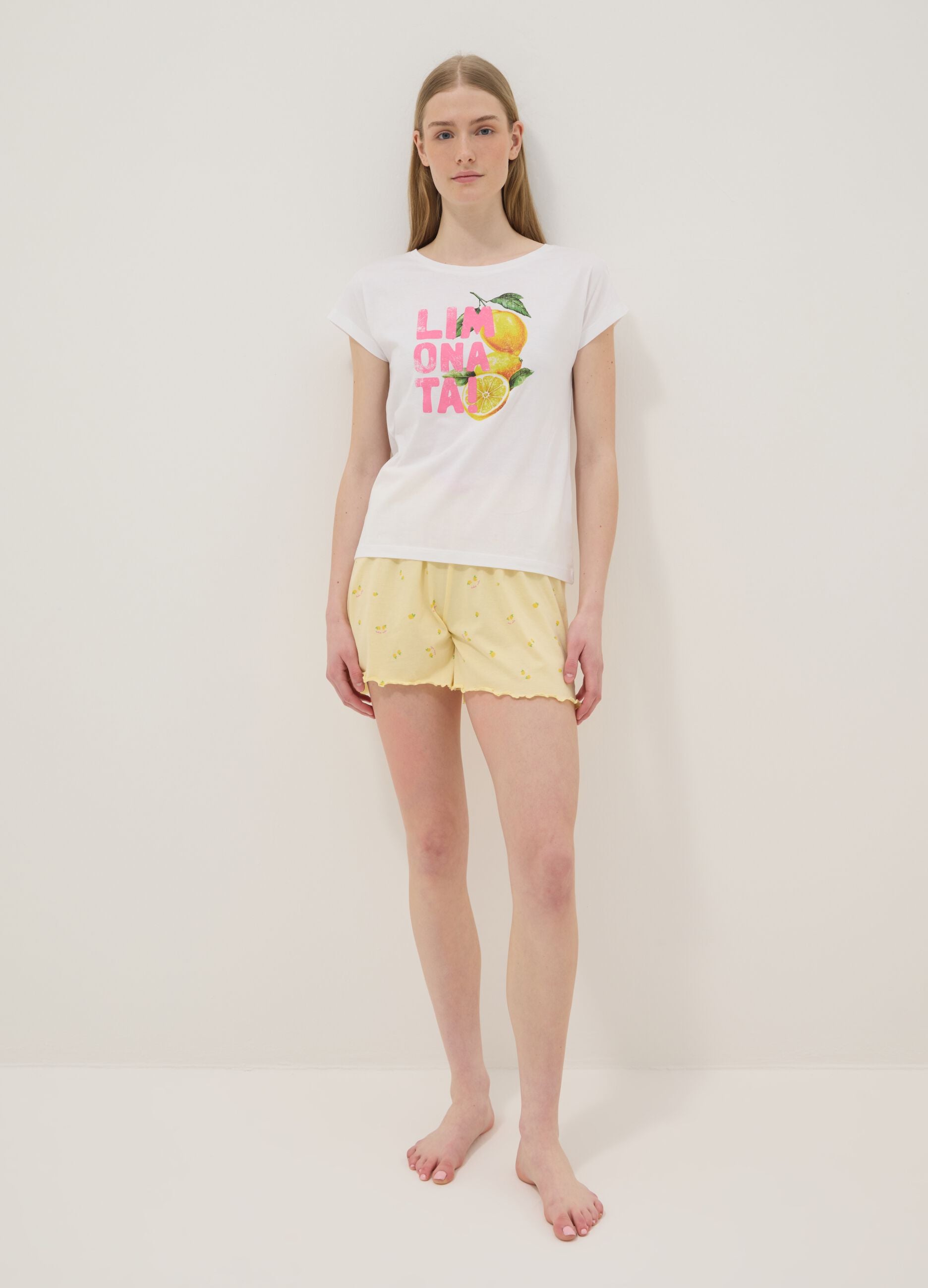 Yellow pure cotton pyjama shorts with lemon print and pink drawstring