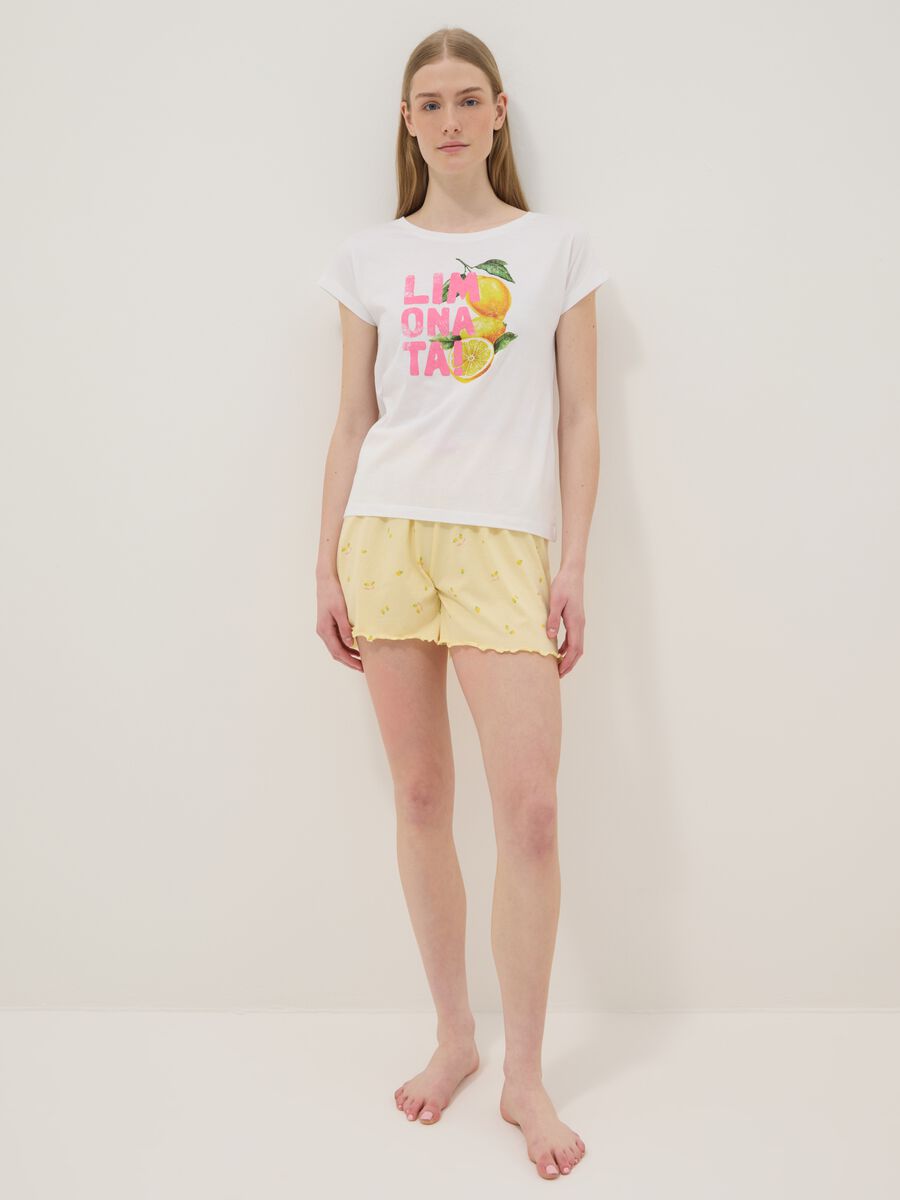 Yellow pure cotton pyjama shorts with lemon print and pink drawstring_0
