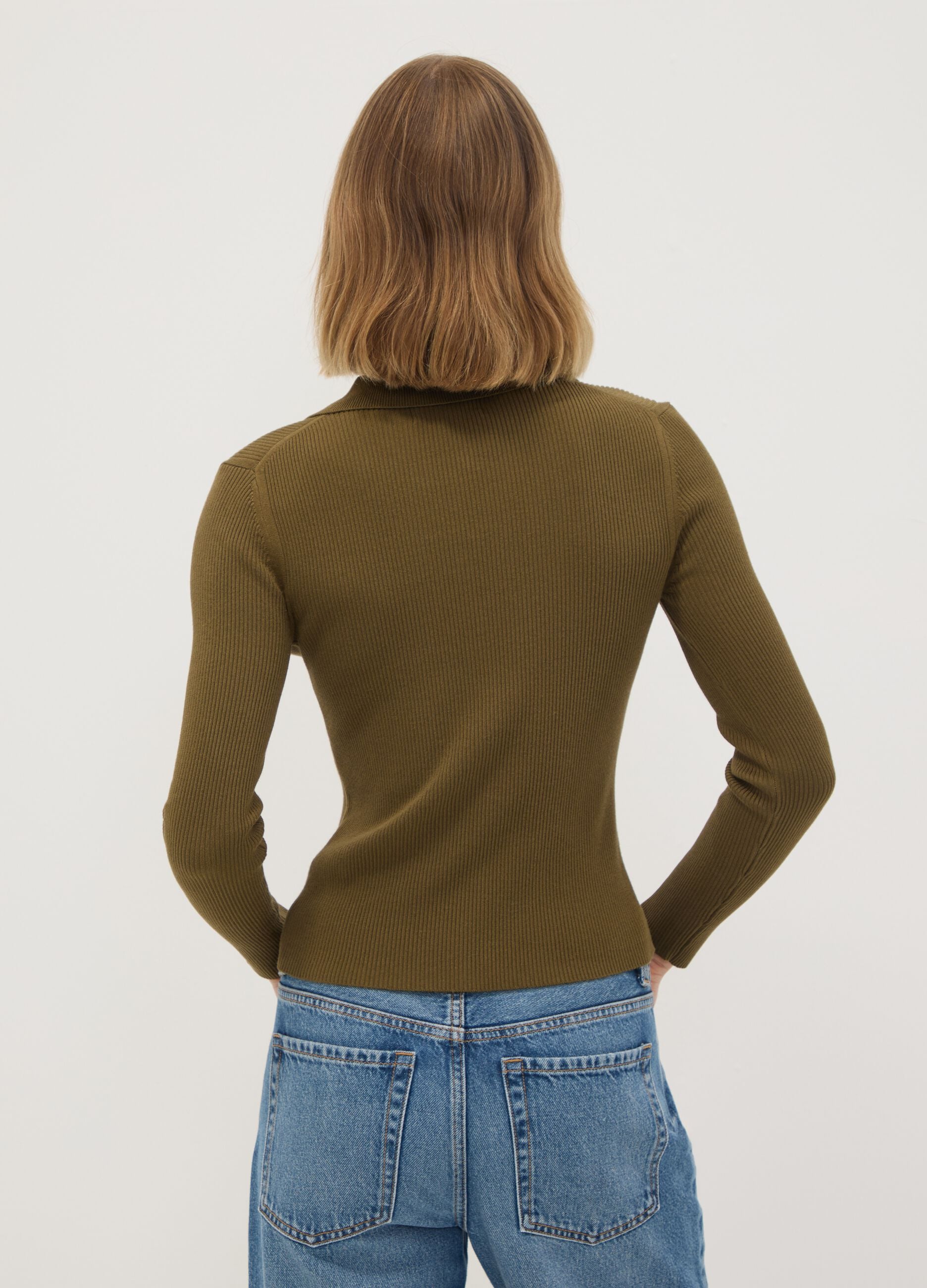 Green fitted ribbed viscose-blend cardigan with polo collar