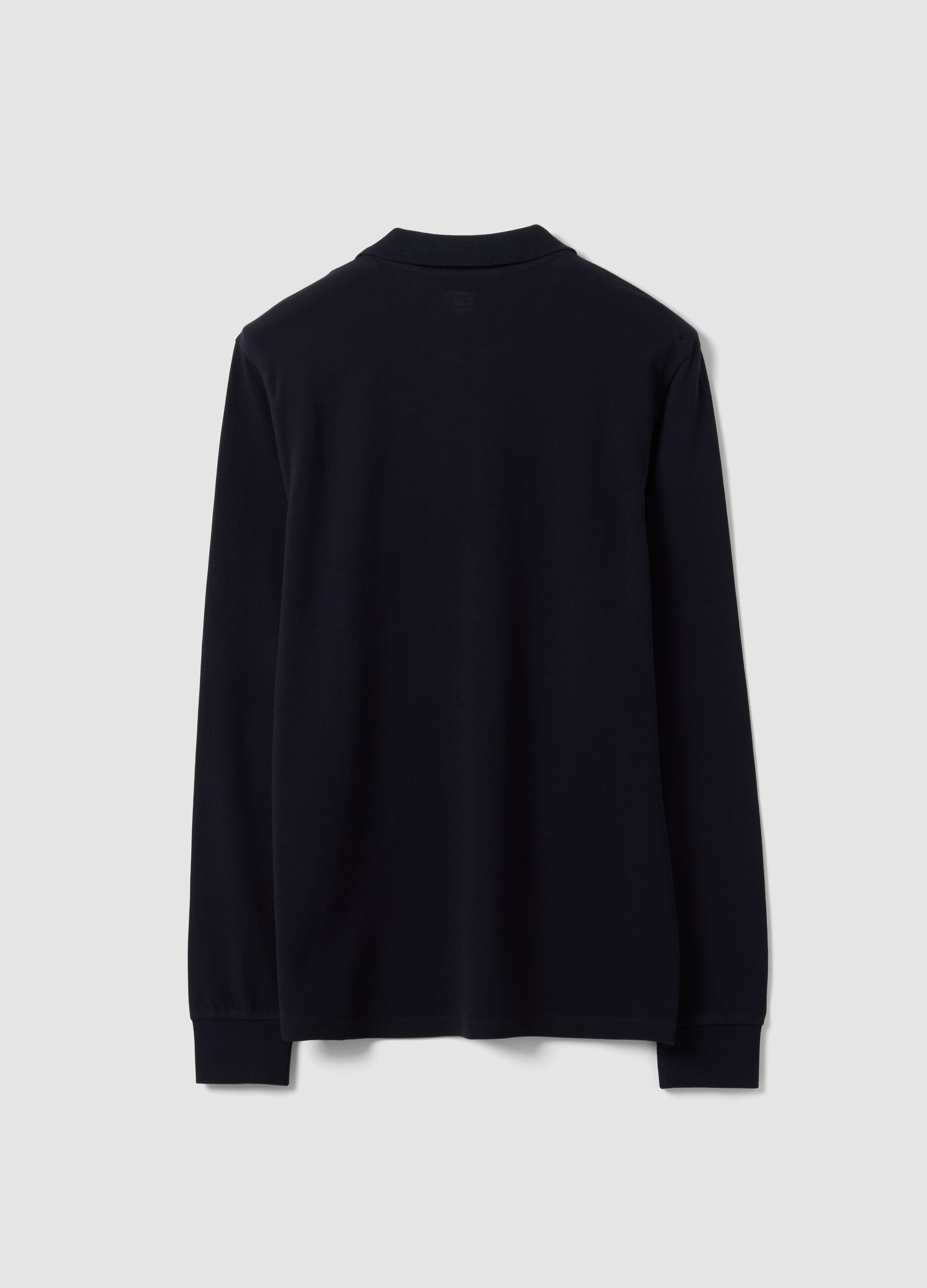 Blue long-sleeved regular-fit polo shirt in pure organic cotton piqu&eacute;