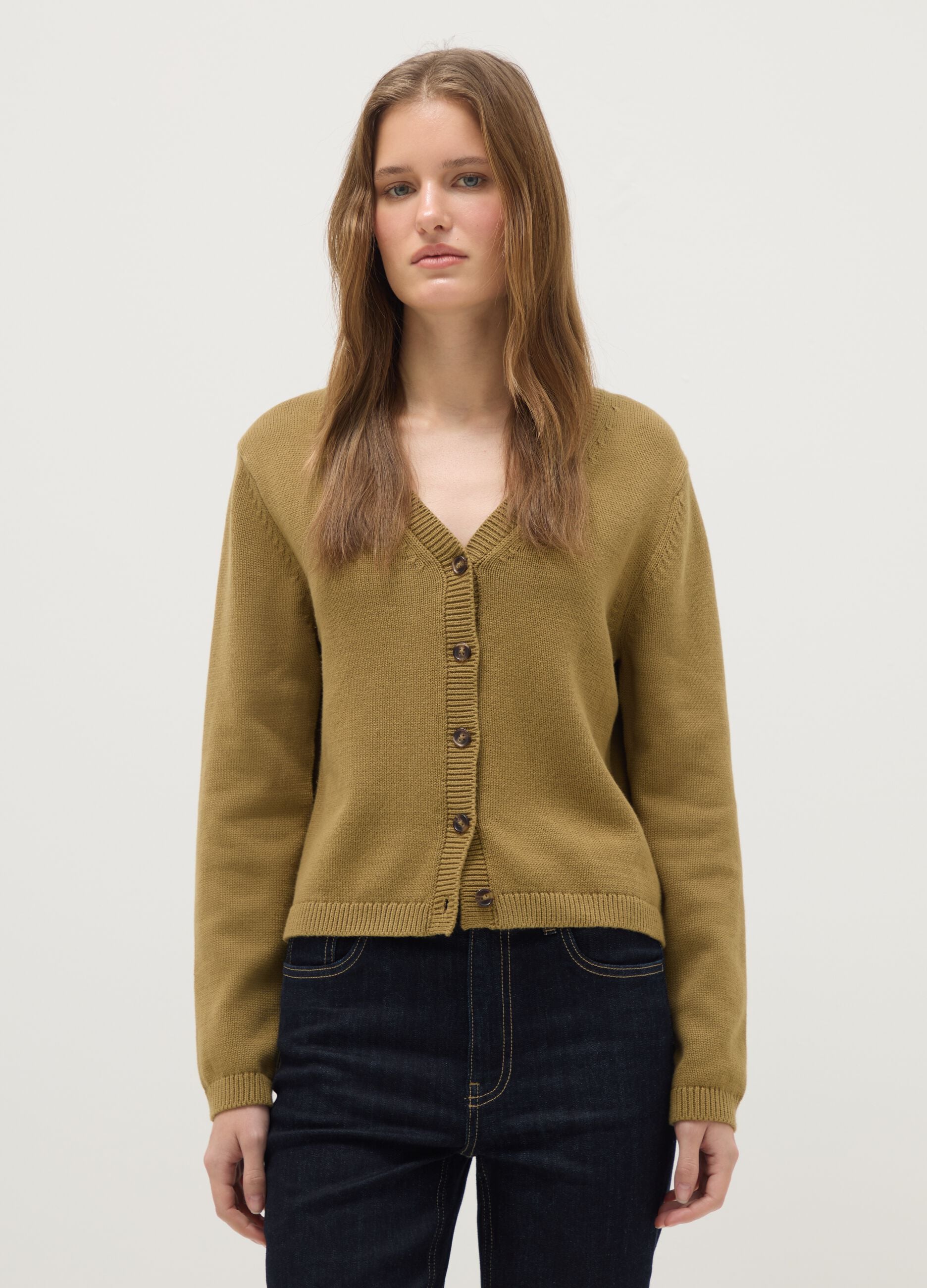 Green V-neck cardigan in pure cotton with regular fit