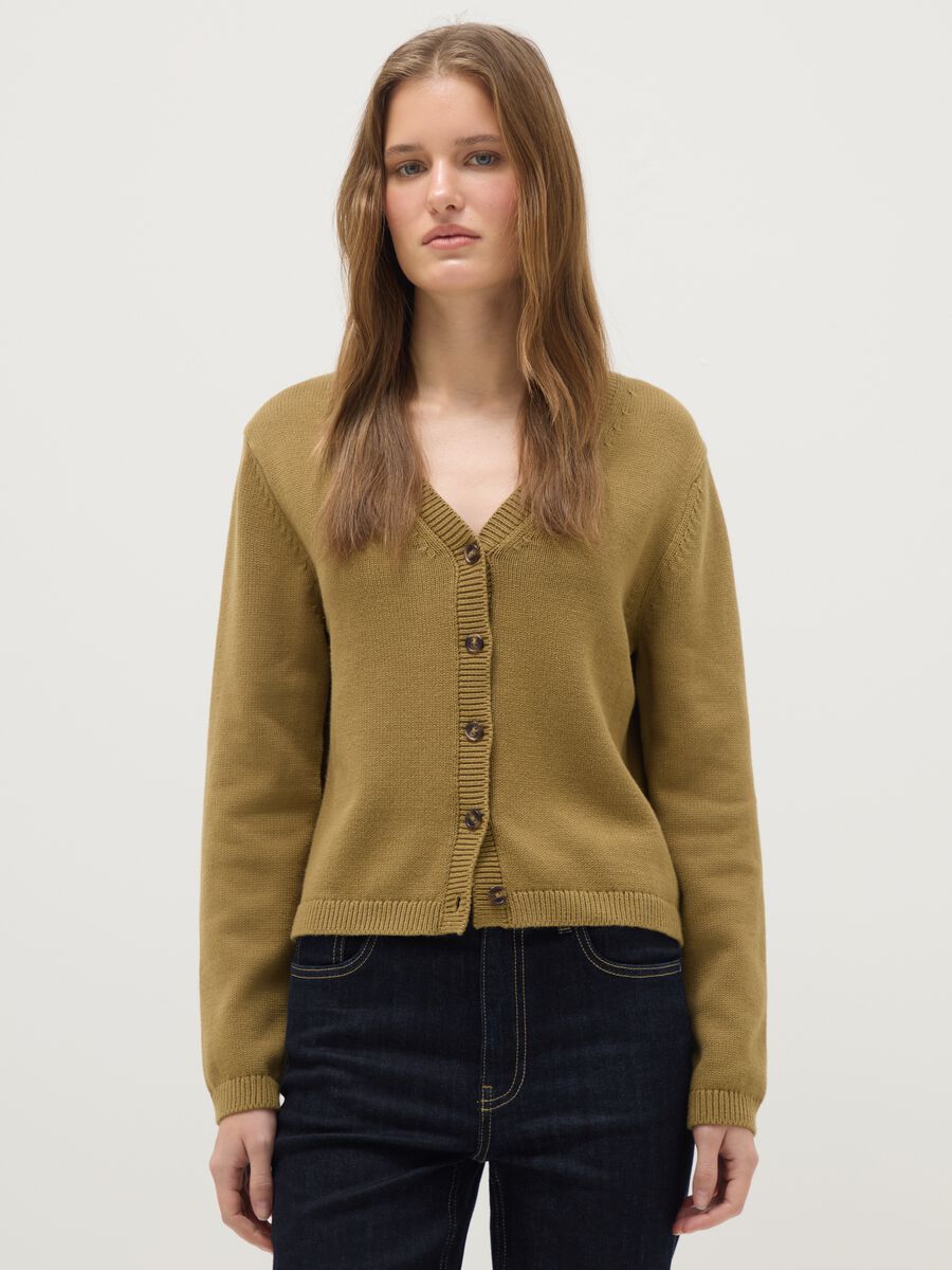 Green V-neck cardigan in pure cotton with regular fit_0