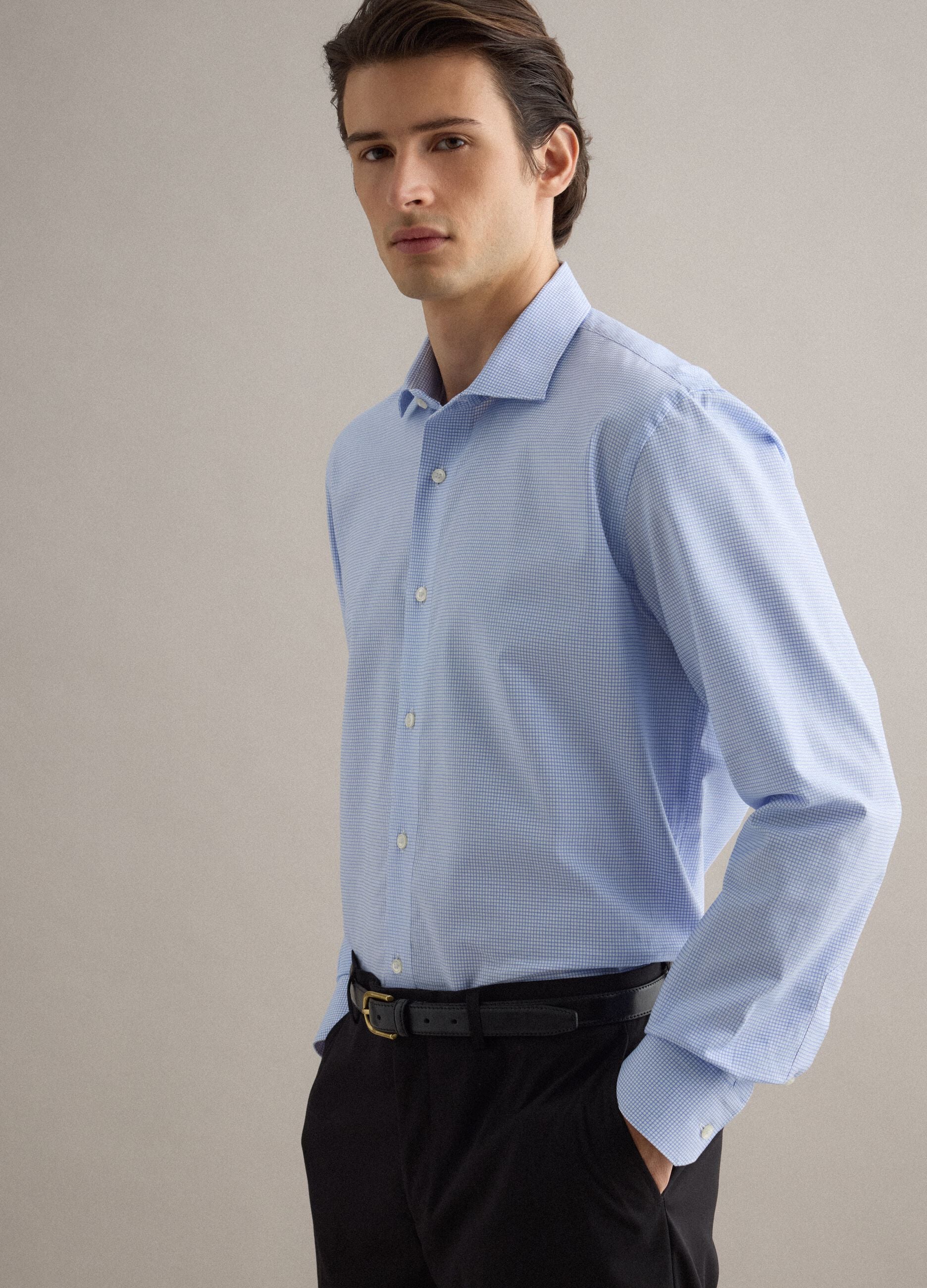 Blue and white check pure cotton shirt regular fit easy iron