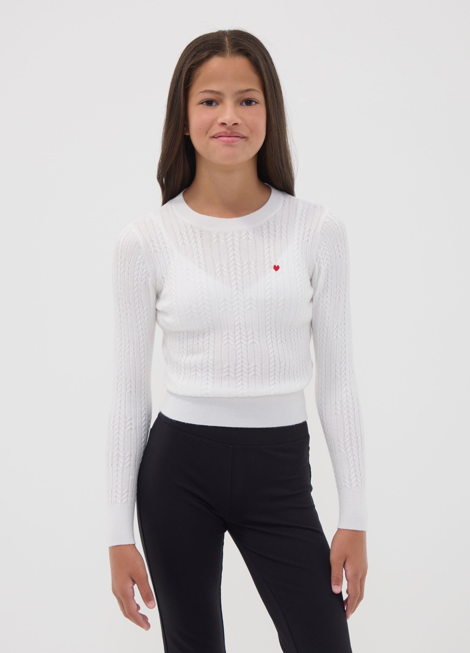 White fitted viscose-blend cable-knit crew-neck jumper for girls
