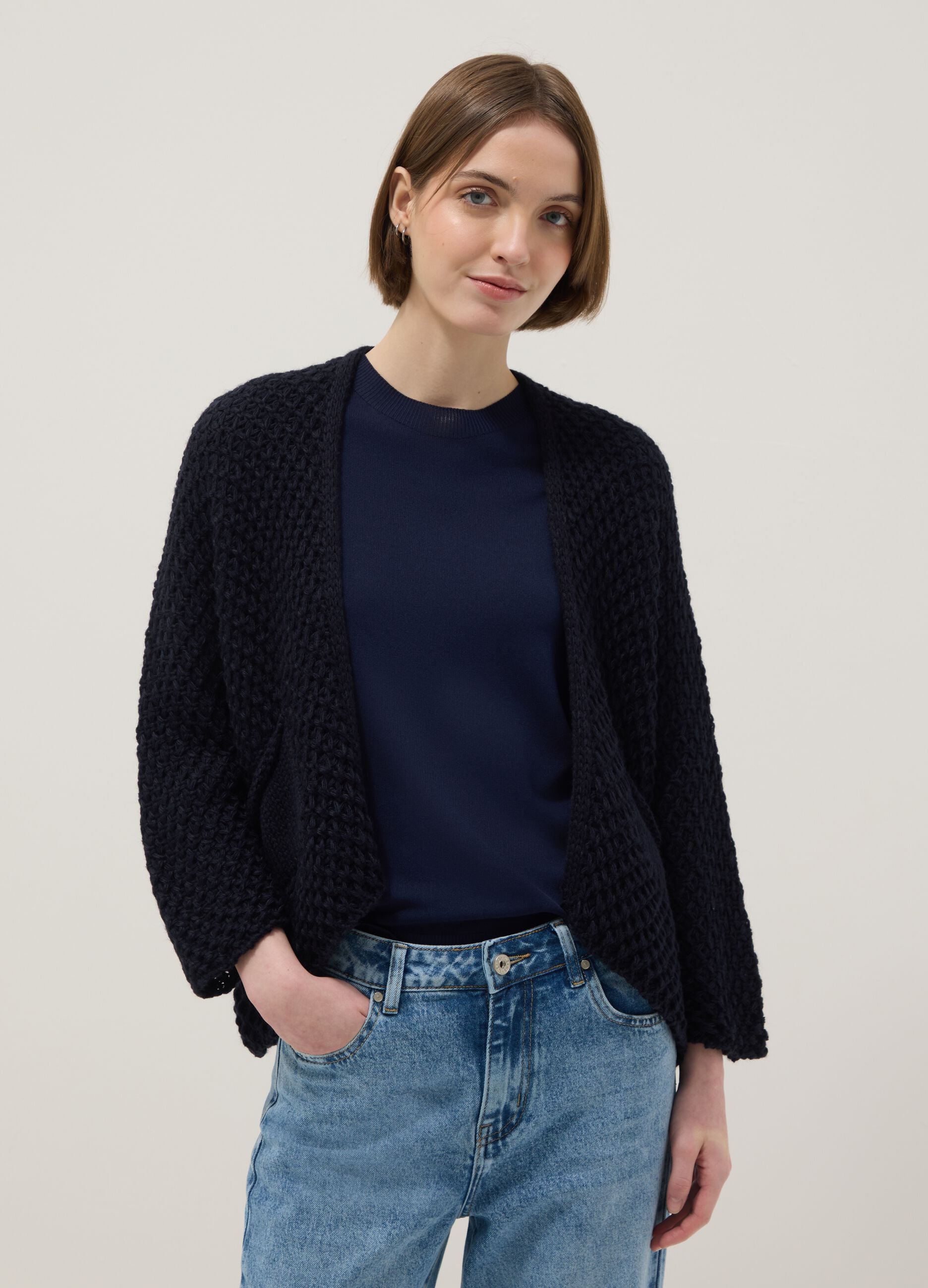 Regular fit blue woven knit cardigan