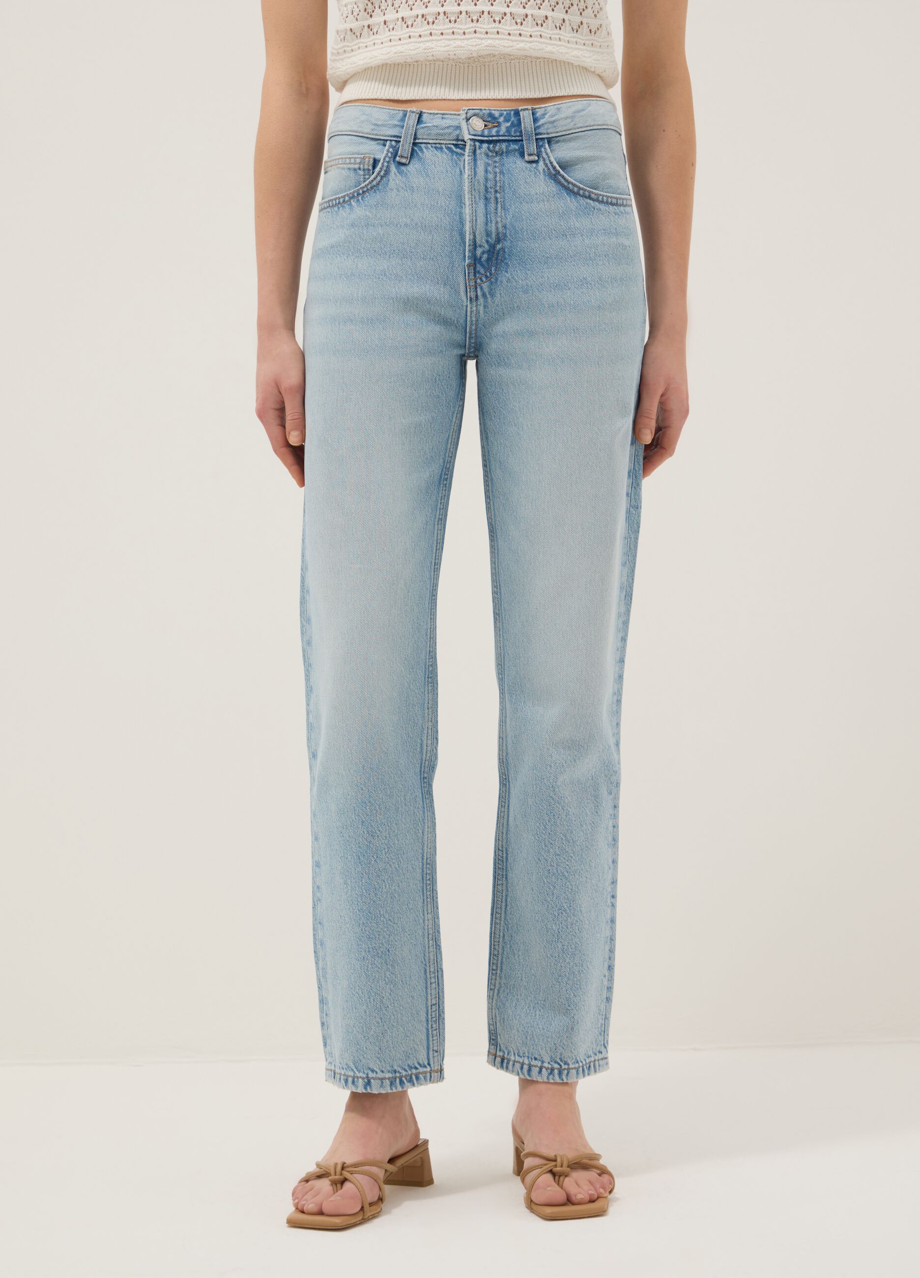Blue straight regular fit denim jeans in pure cotton