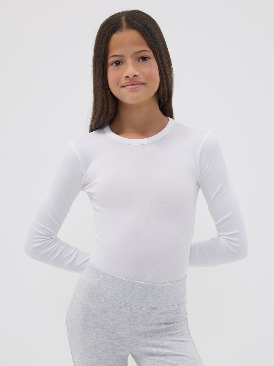 White fitted stretch cotton bodysuit with crew neck_1