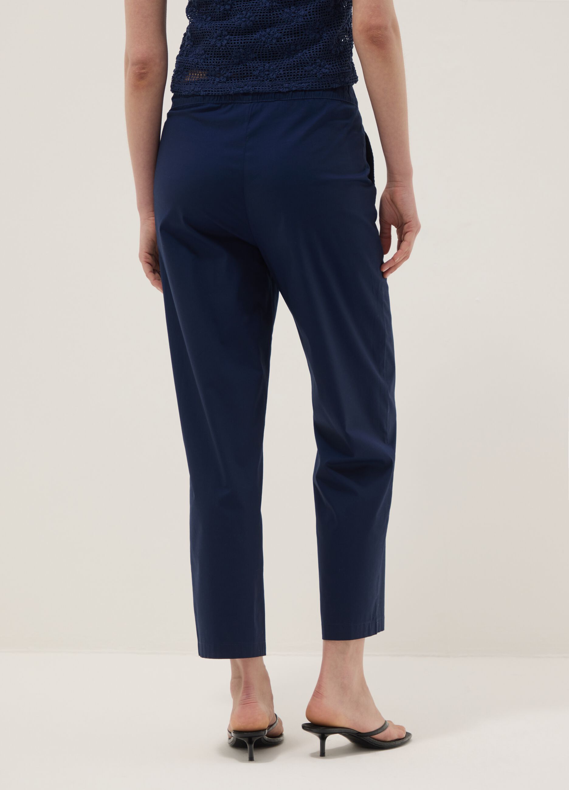 Blue stretch cotton trousers with elasticated waist