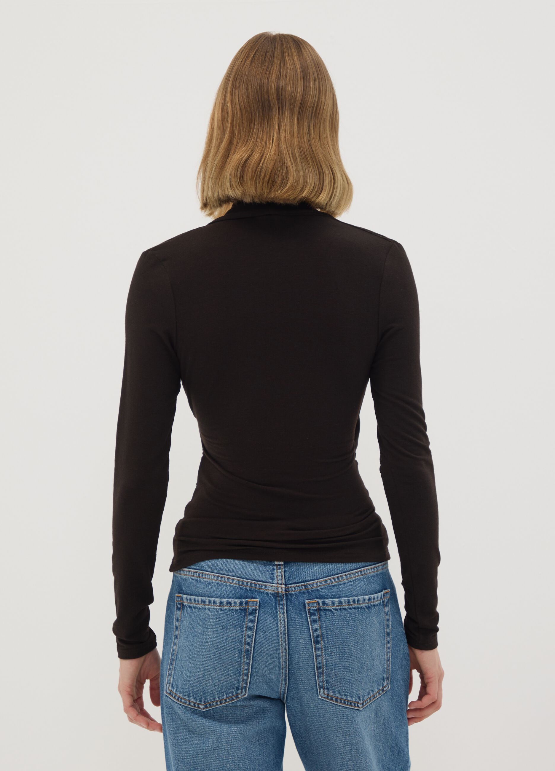 Brown stretch viscose, silk and wool crew-neck T-shirt, regular fit