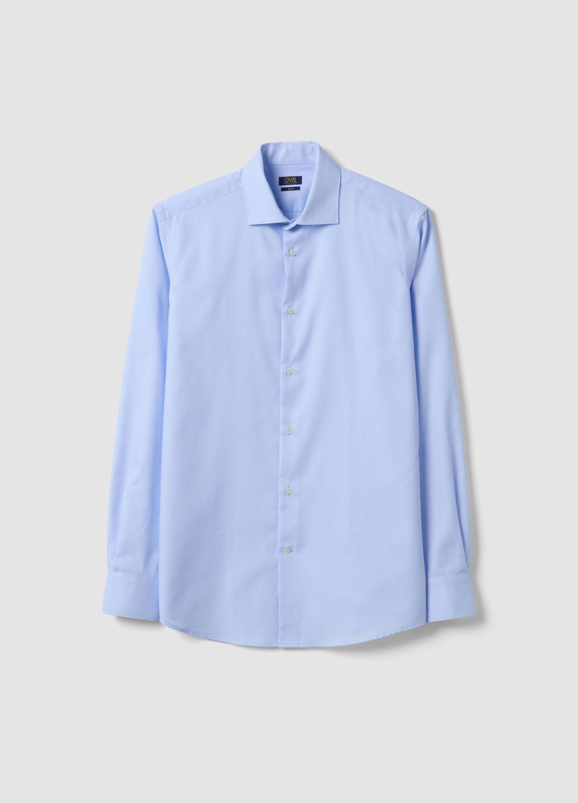 Light blue pure cotton shirt with classic collar, slim fit, non-iron