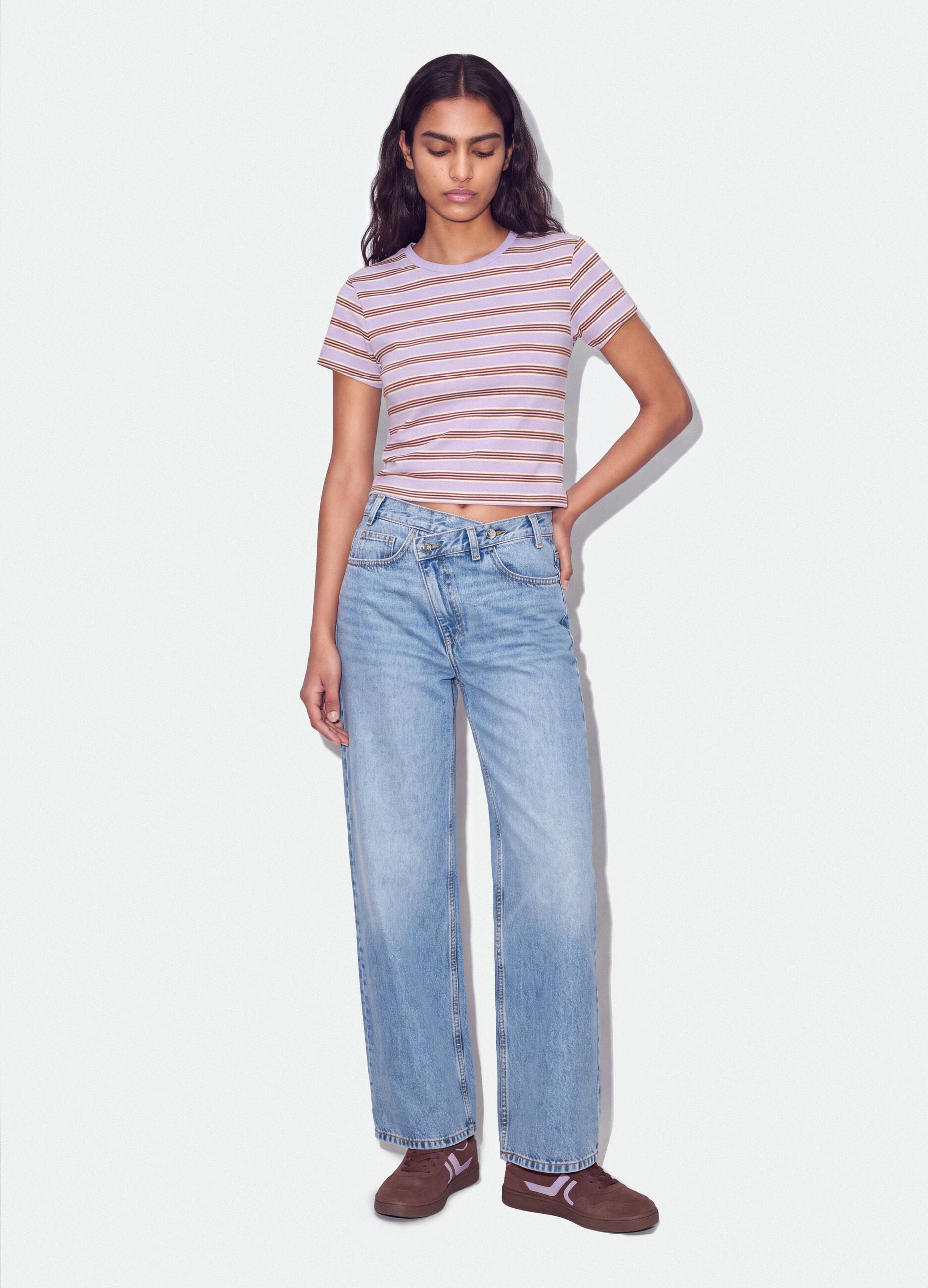 Purple striped cropped pure cotton T-shirt with print