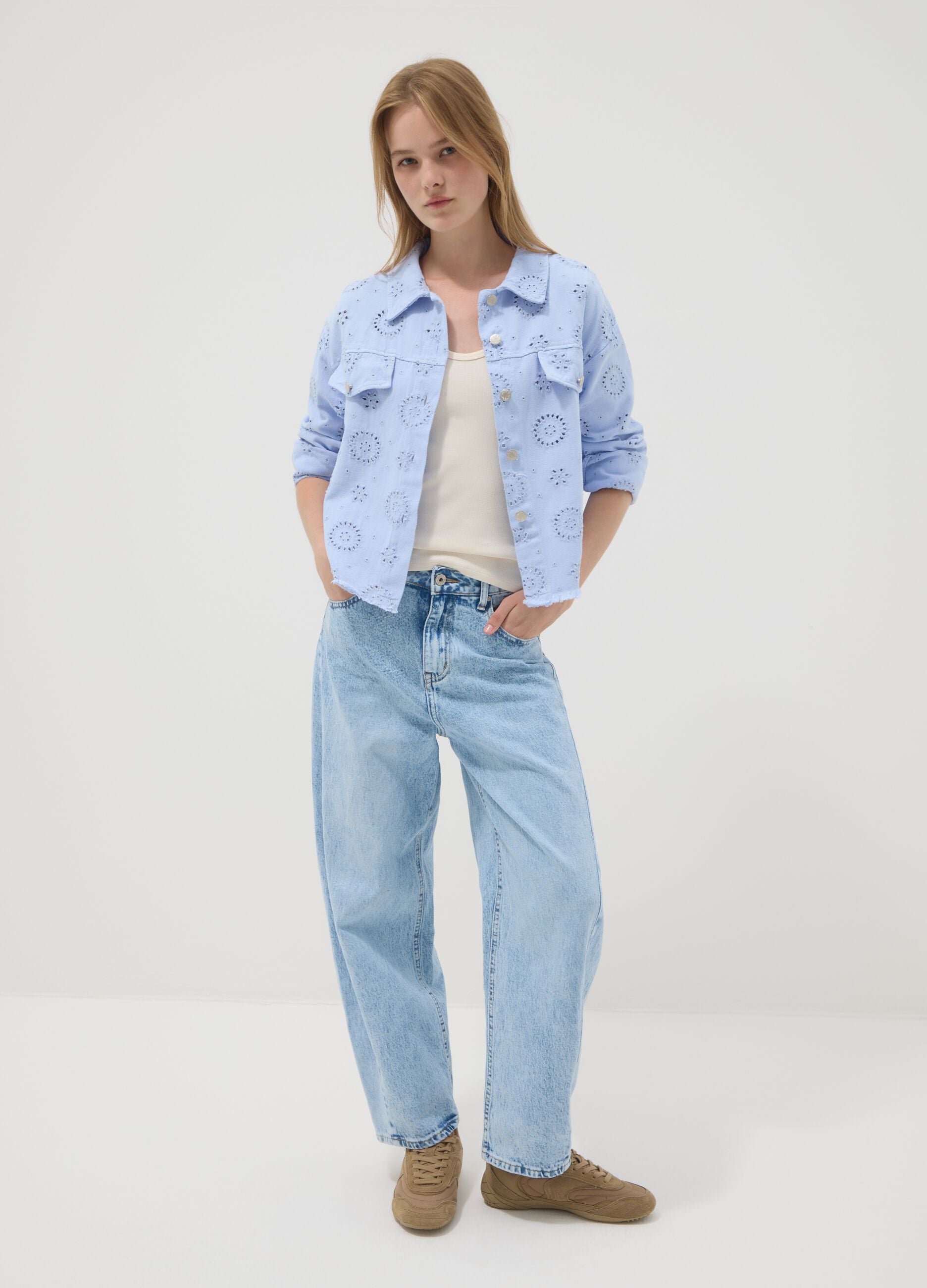 Sky-blue pure cotton broderie anglaise jacket
