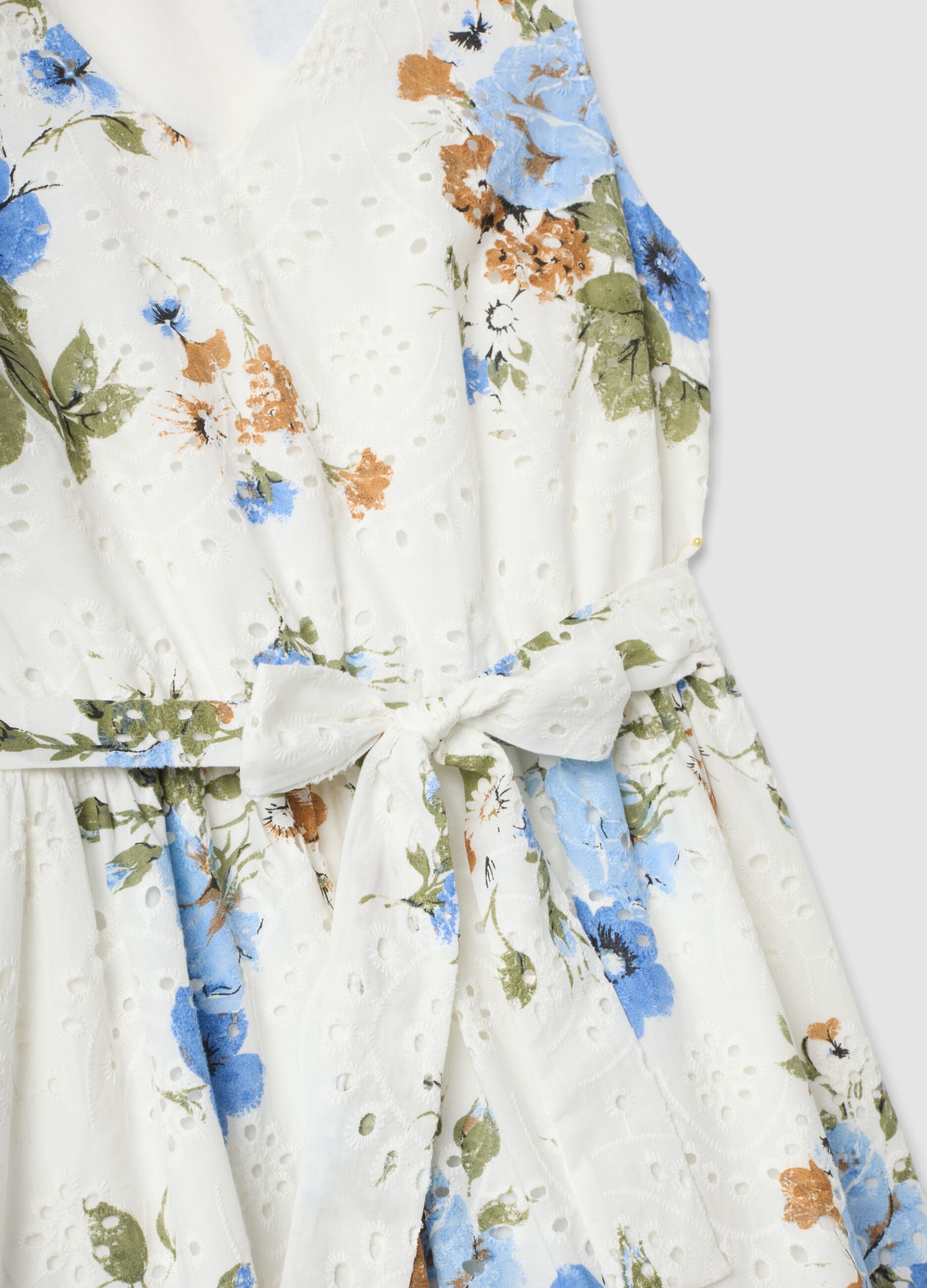 White pure cotton dress with floral print, regular fit