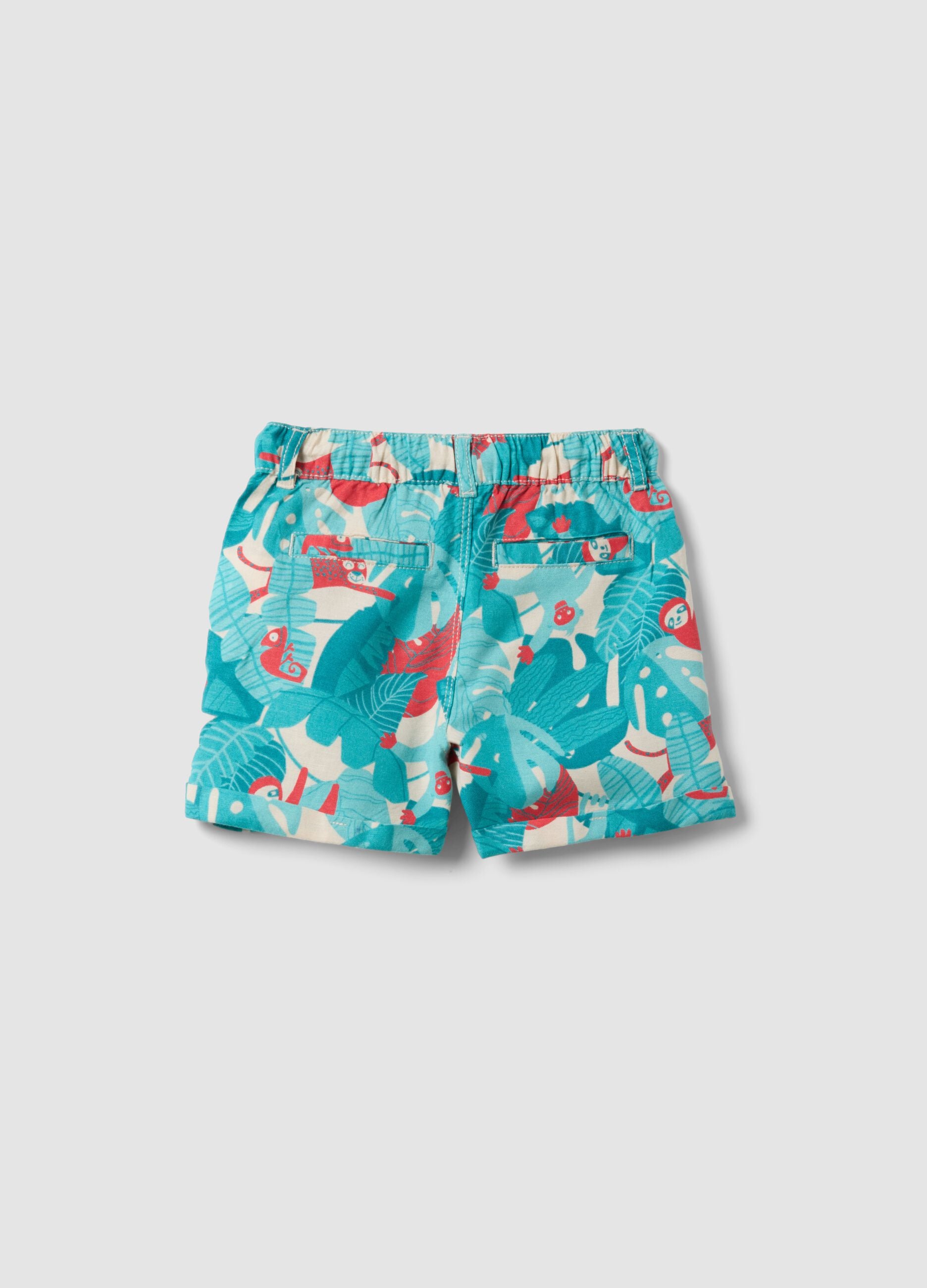 Blue viscose-linen blend tropical print shorts for boys, regular fit