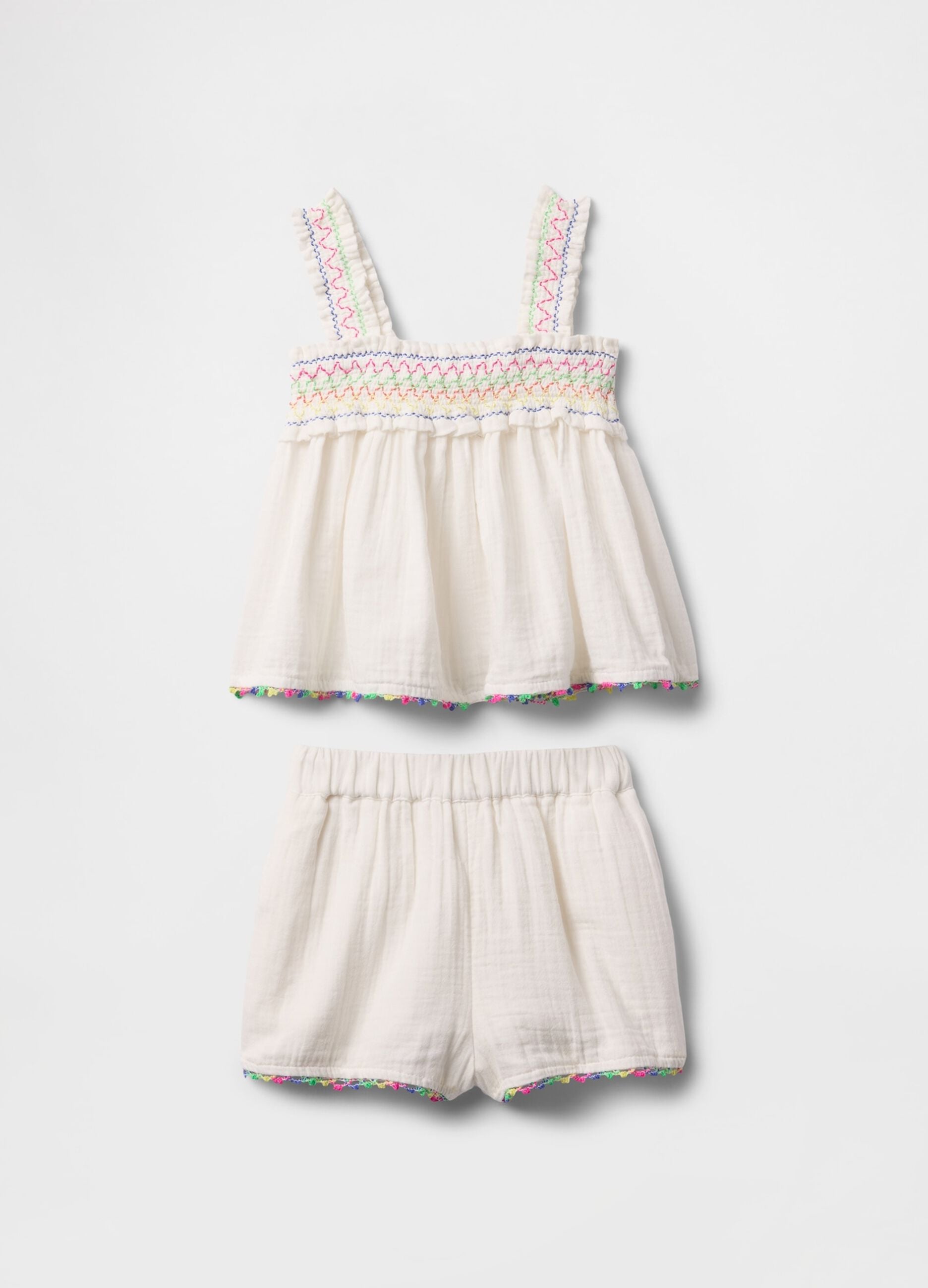 White summer outfit for girls with colourful embroidery