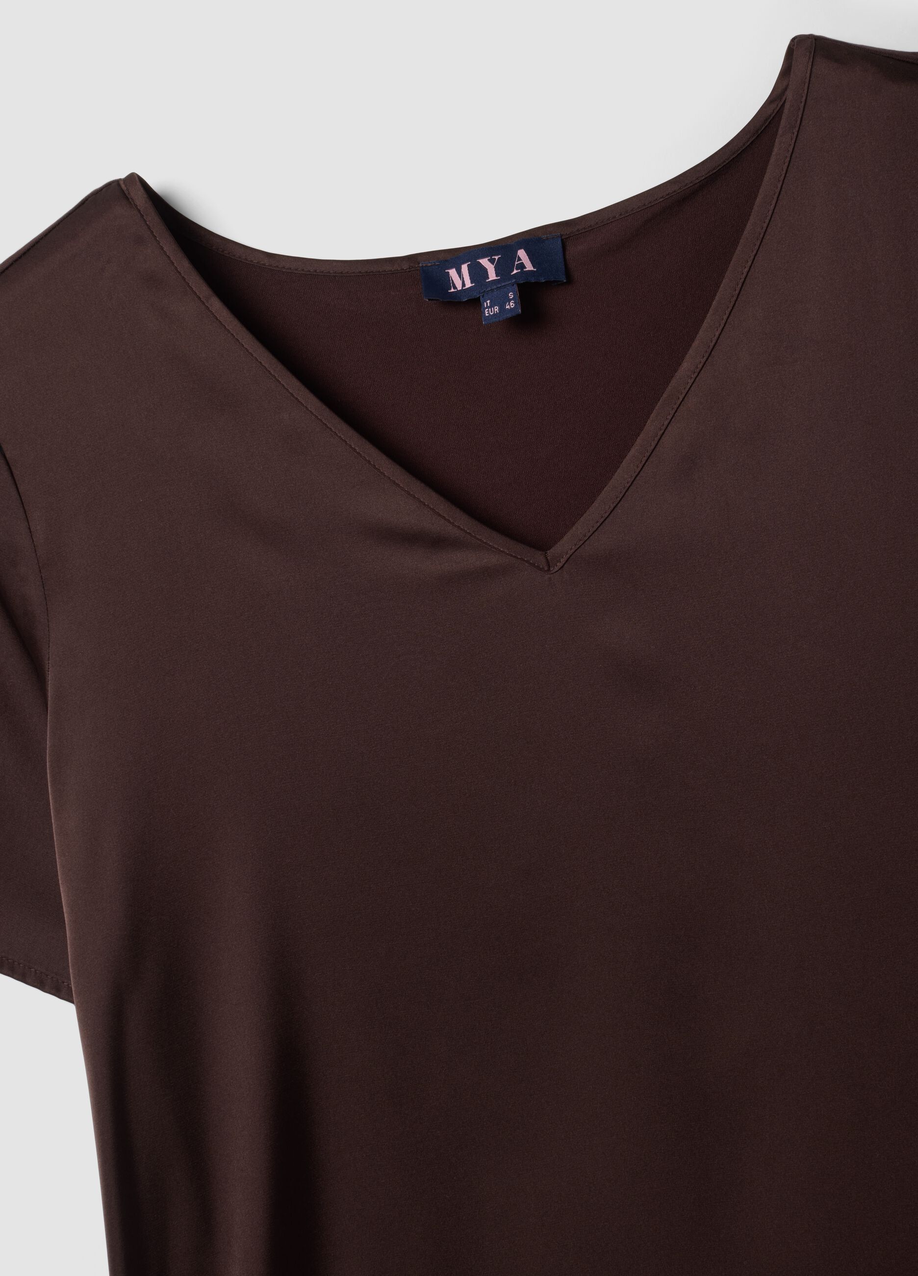 Brown satin stretch V-neck blouse, regular fit