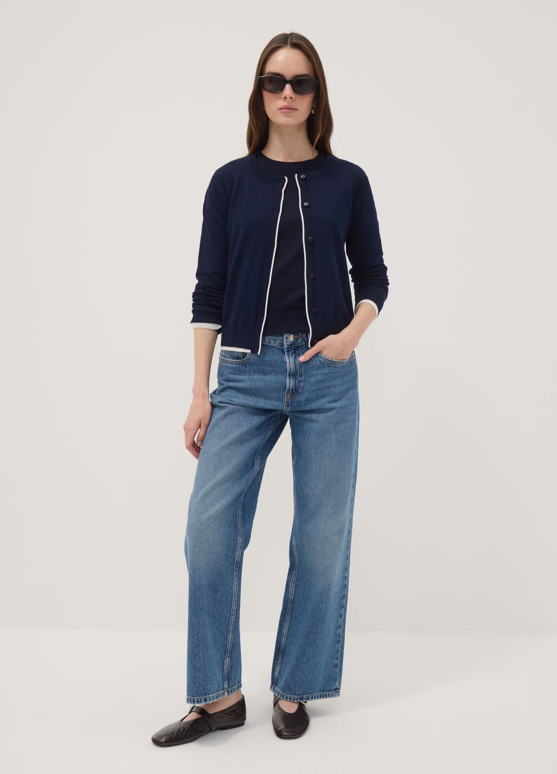 Blue viscose-blend cardigan in plain knit