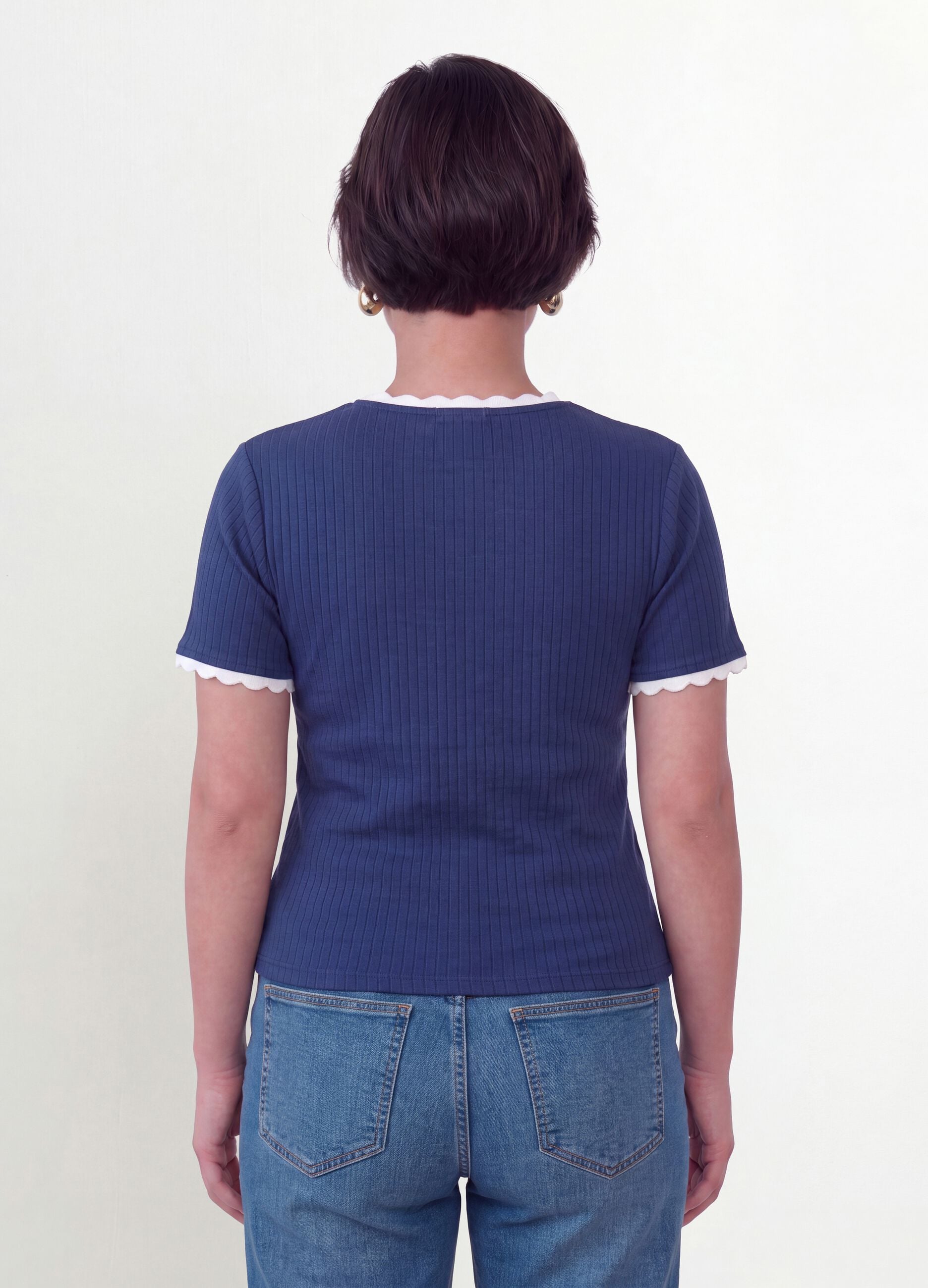 Blue stretch viscose crew-neck T-shirt with contrast trim