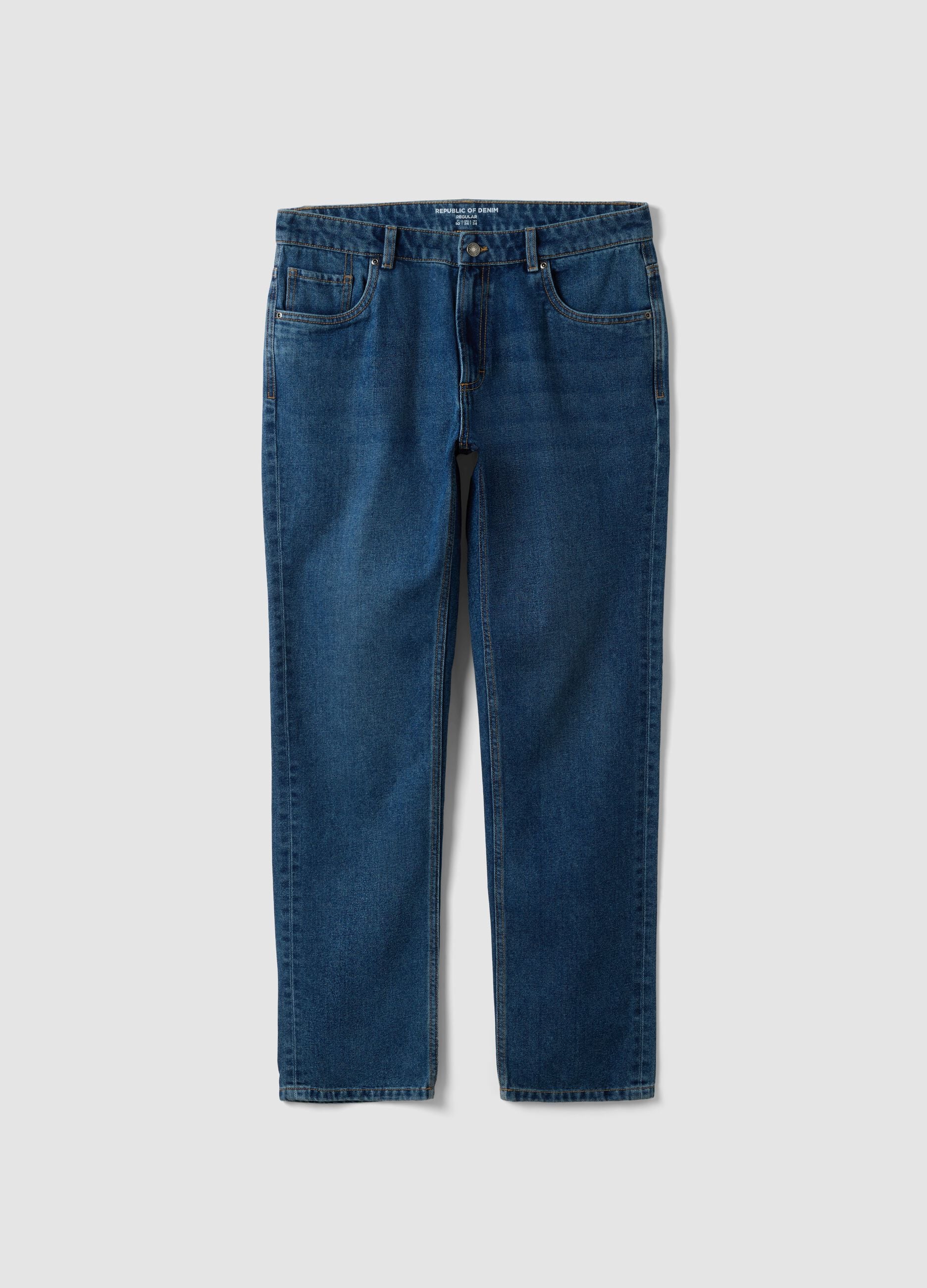 Blue denim jeans in cotton and viscose blend, regular fit