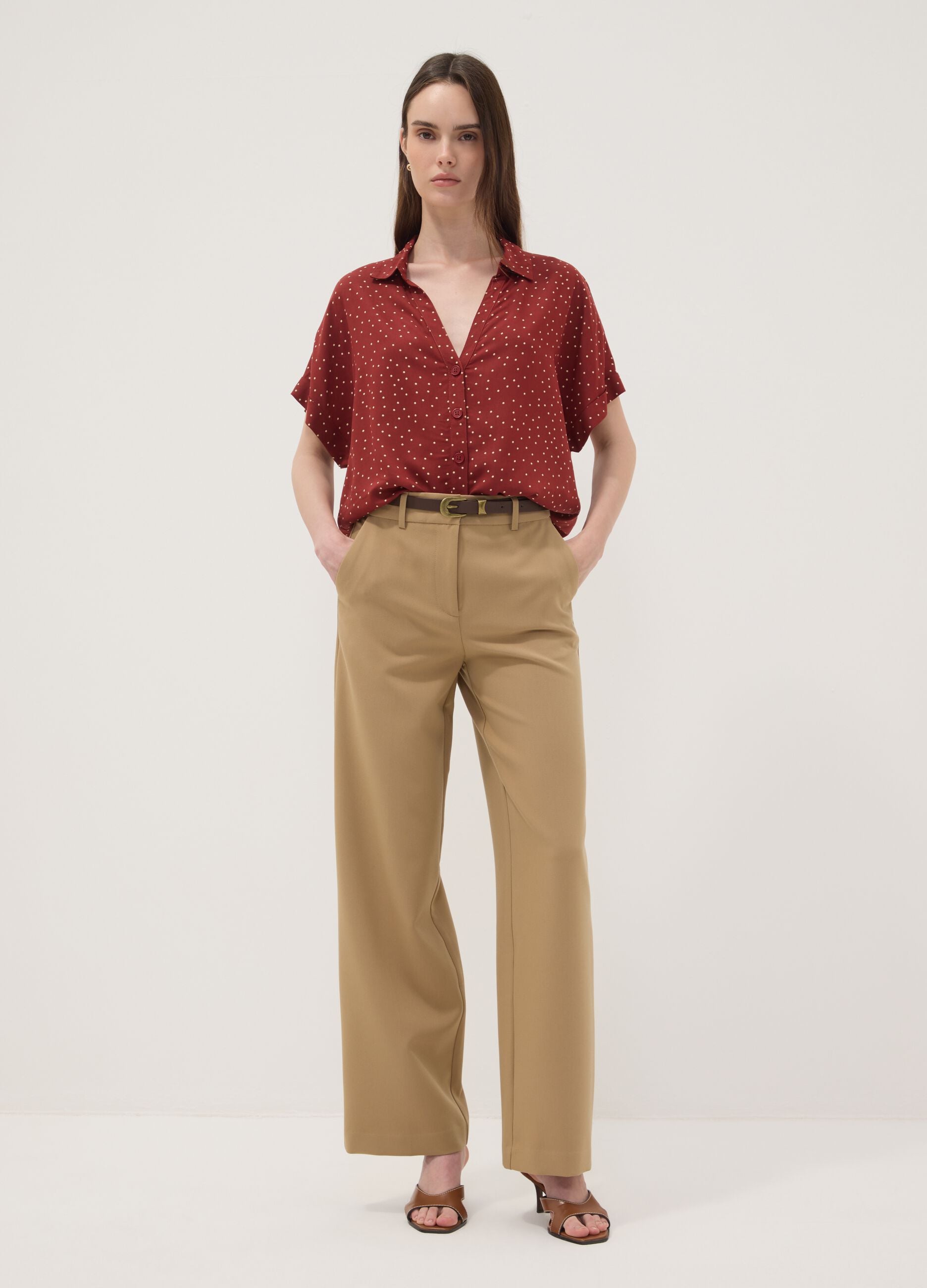 Red polka-dot pure viscose short-sleeved oversized shirt